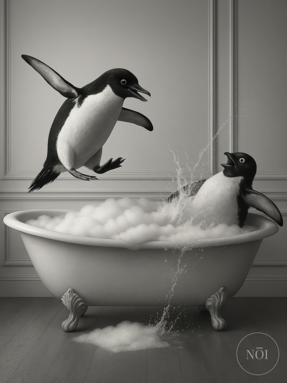 Lámina Pingüino en la Bañera, Arte Mural Divertido para el Baño, Póster de Humor Animal Peculiar — Poster (ungerahmt)