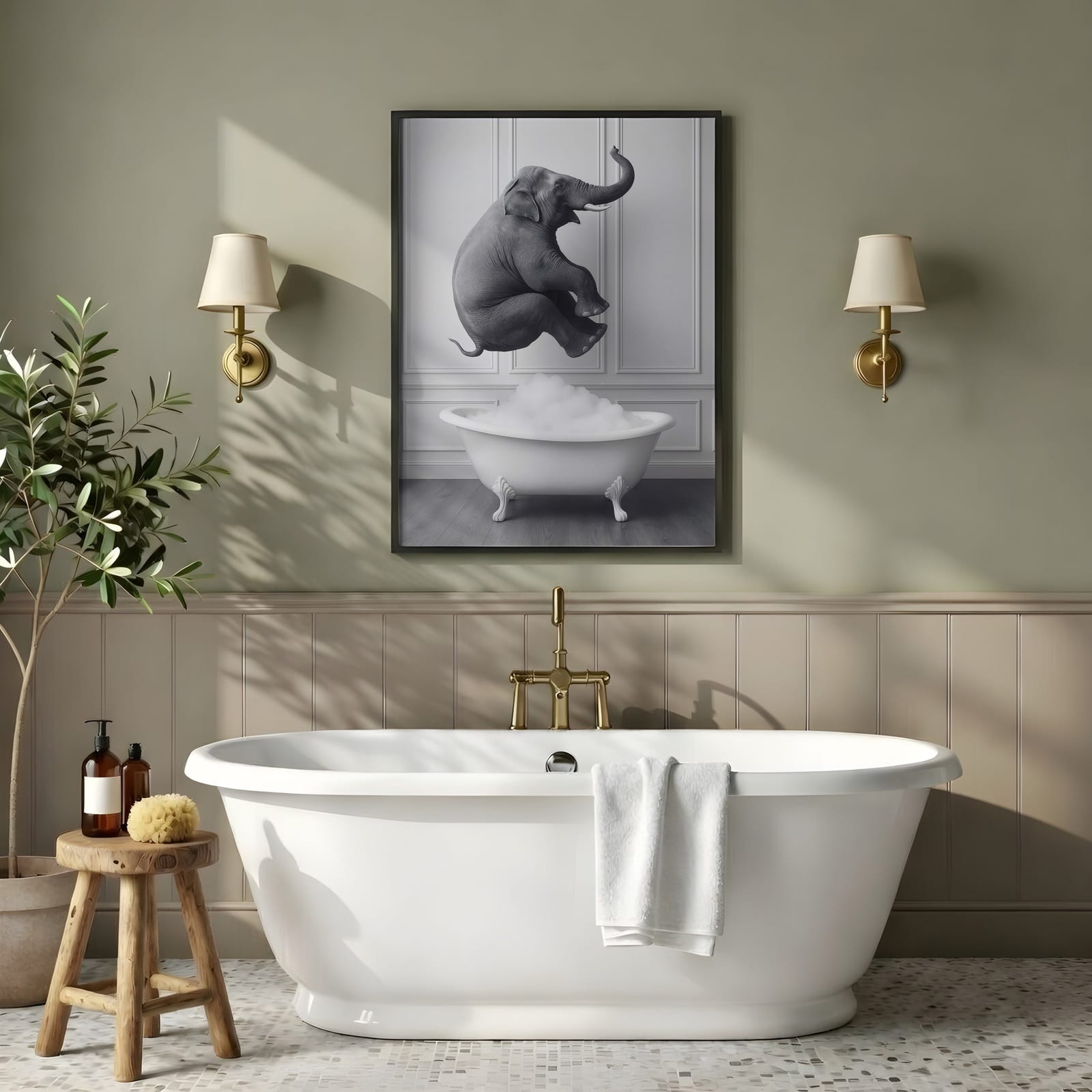 Elephant in Bathtub Print, Funny Bathroom Wall Art, Whimsical Powder Room Poster