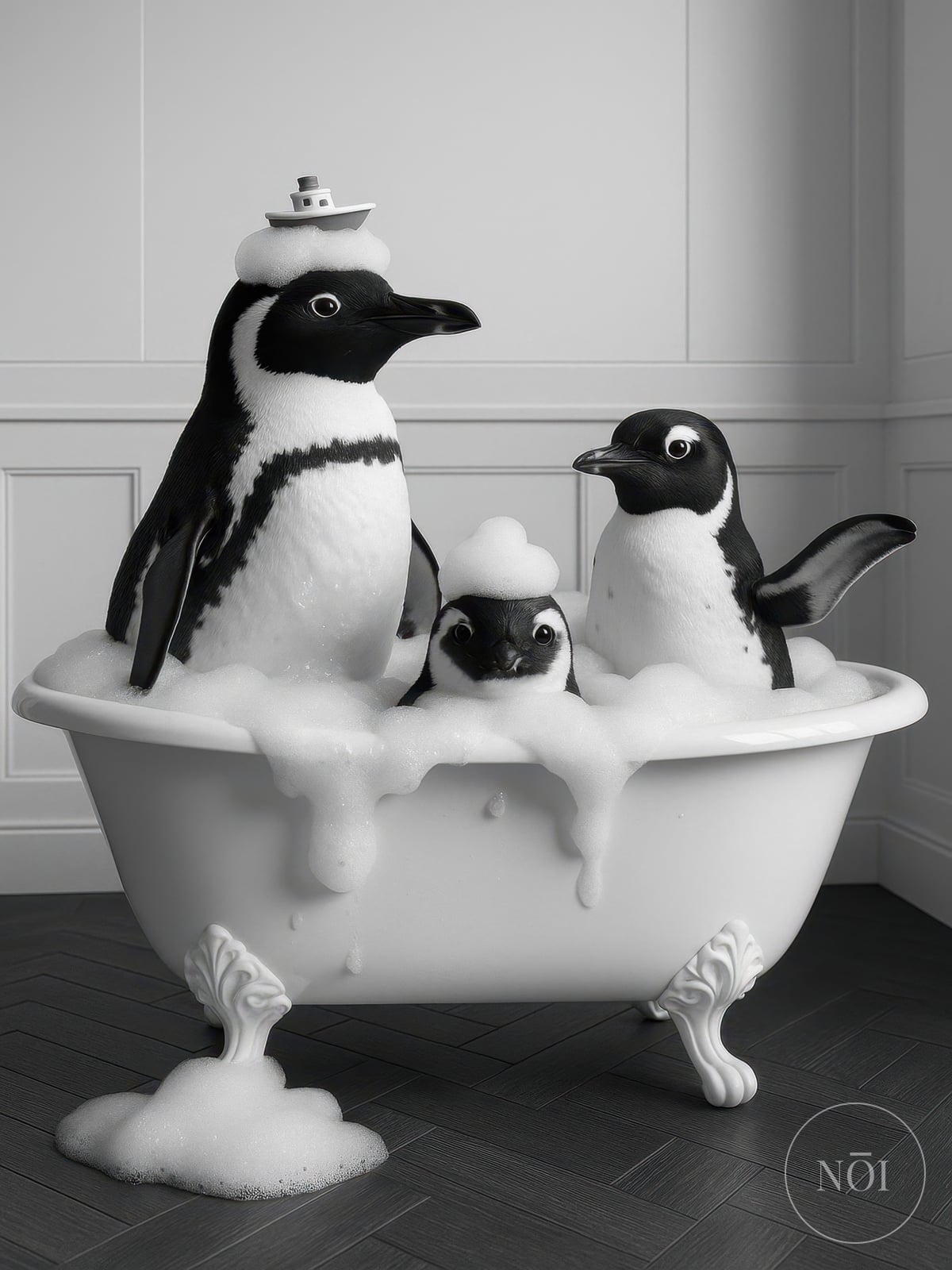 Pingvinfamilie i Badekarret Print, Sjov Badeværelsesplakat, Børnebadedekor — Poster (ungerahmt)