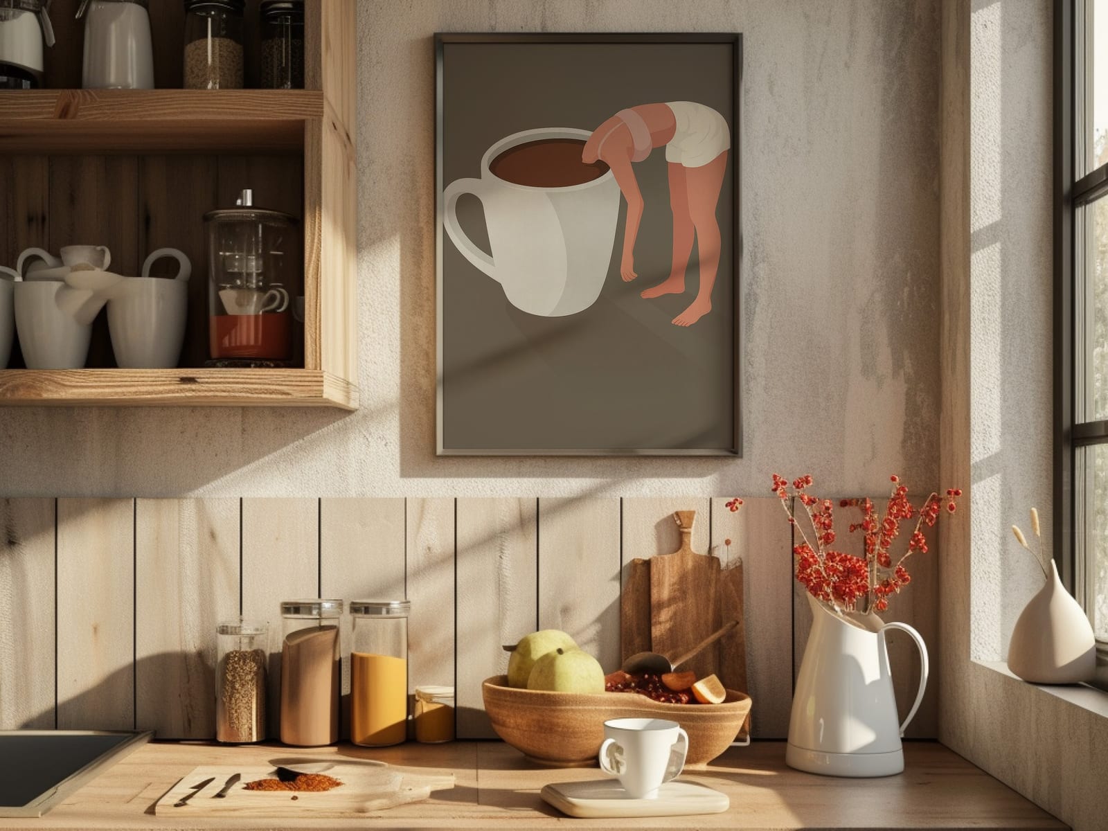 Woman in Coffee Cup Art Print, minimalistisk køkkendekoration