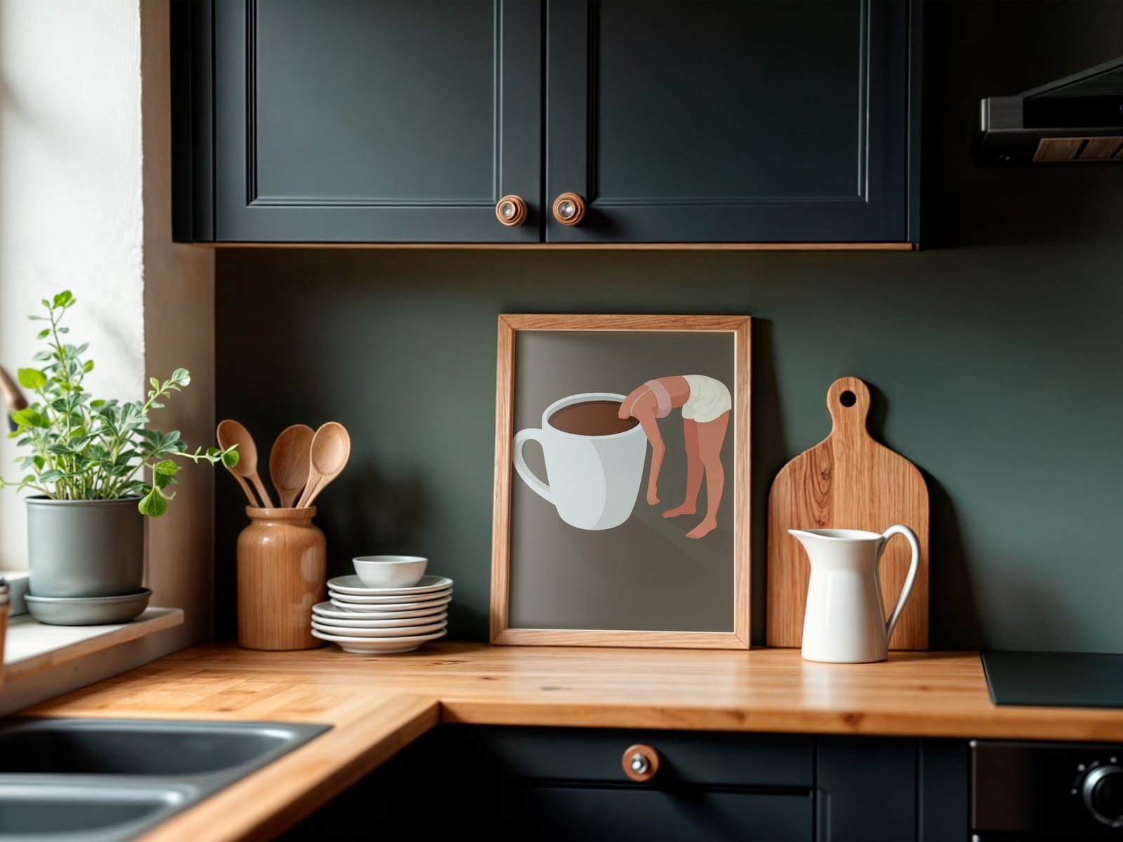 Woman in Coffee Cup Art Print, minimalistisk køkkendekoration