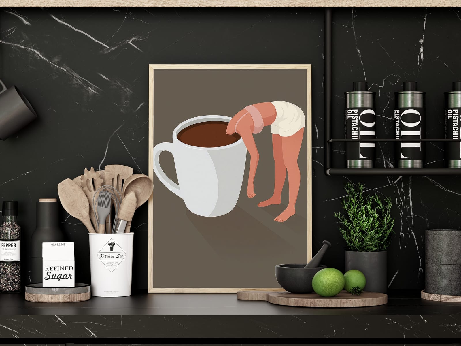 Woman in Coffee Cup Art Print, minimalistisk køkkendekoration