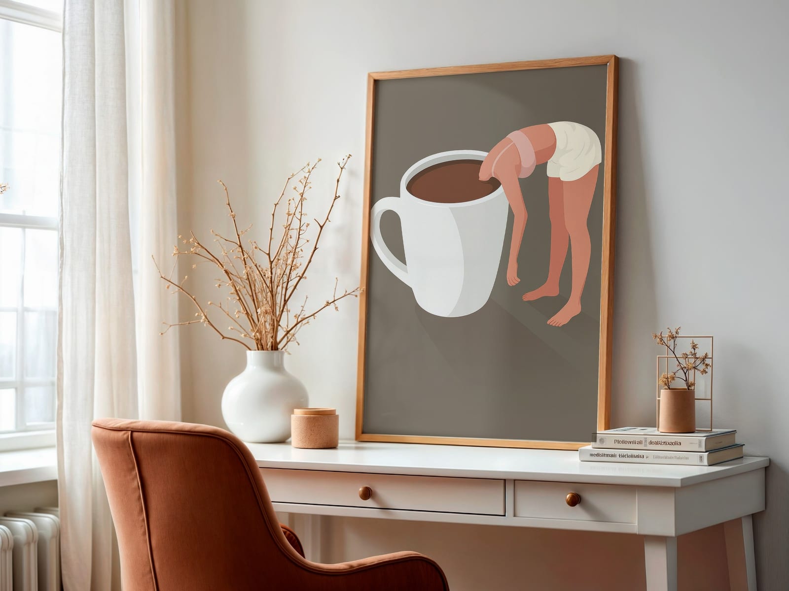 Woman in Coffee Cup Art Print, minimalistisk køkkendekoration