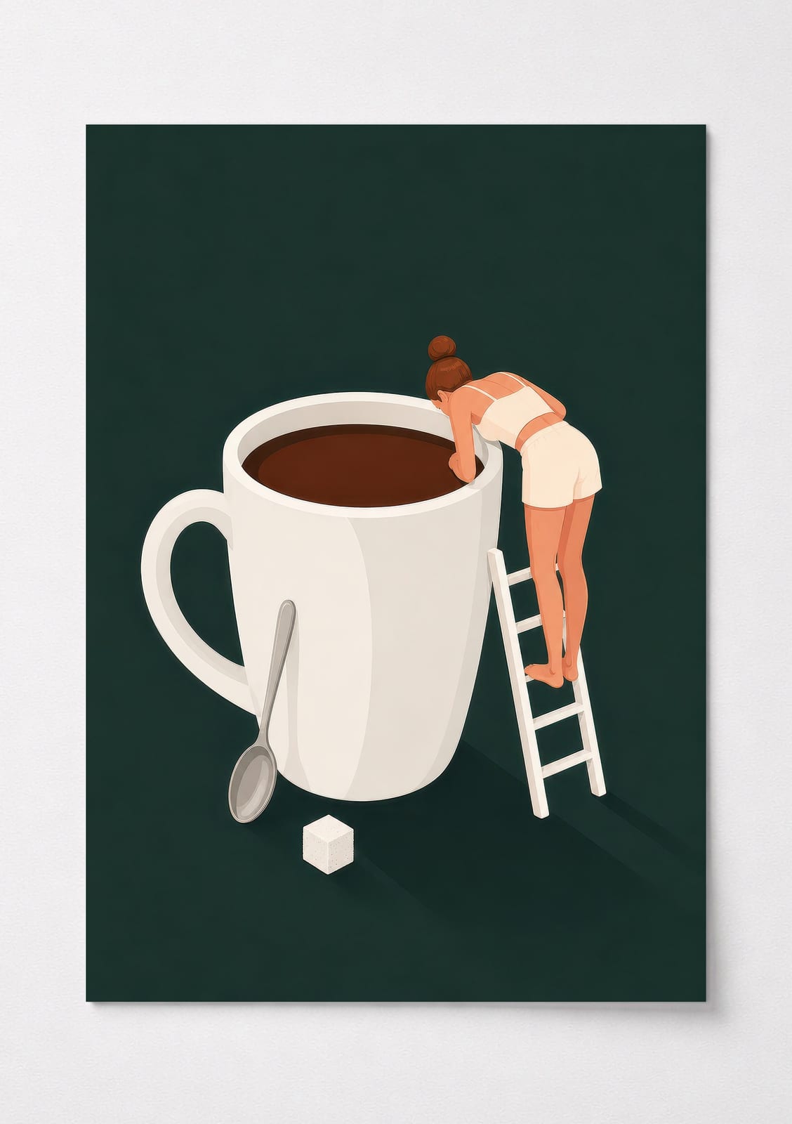 Tiny Woman Climbing Coffee Mug Poster, Coffee Wall Art, Kitchen Wall Art