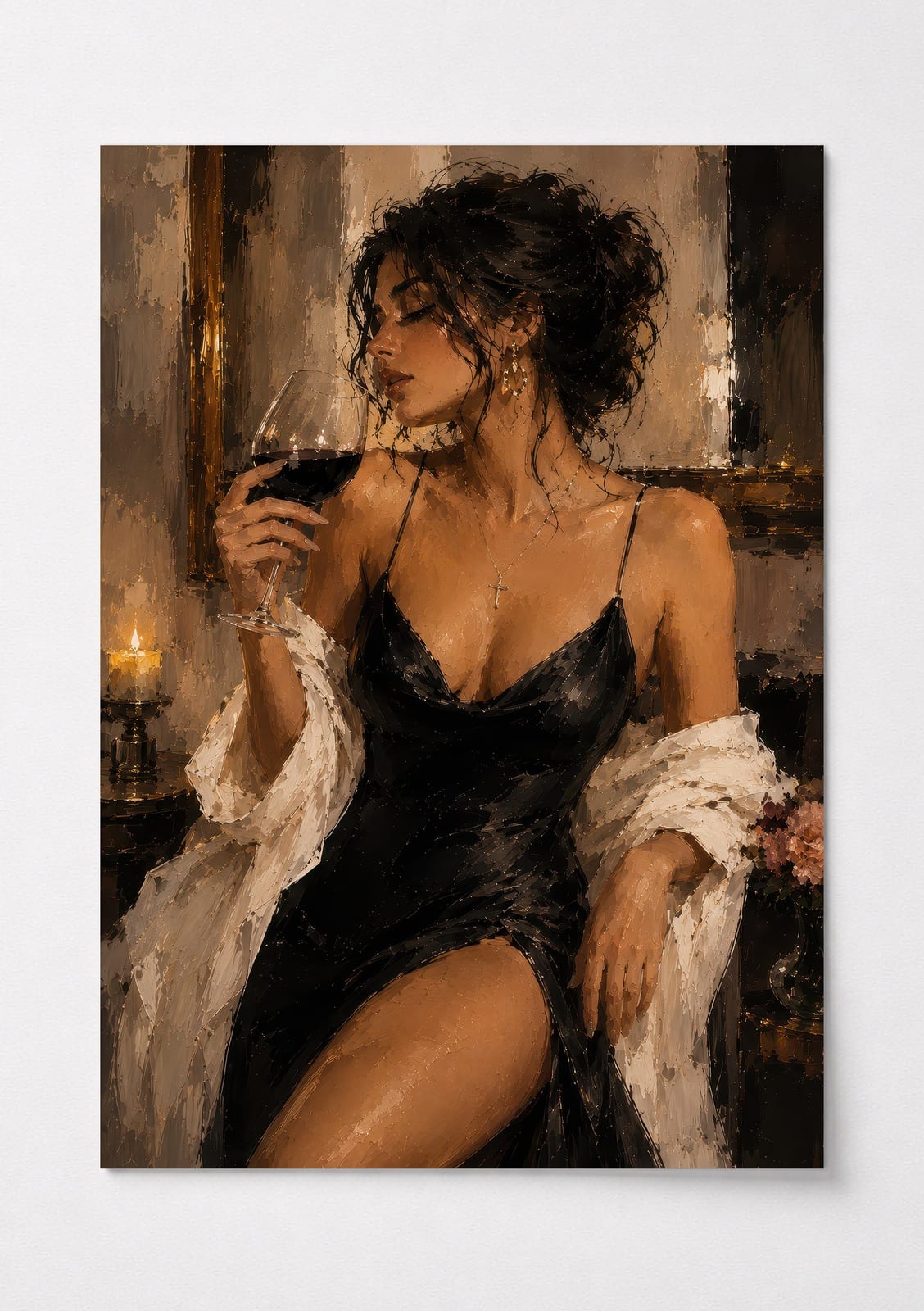 Woman in Black Dress Poster, Living Room Wall Art, Wine Lover Painting