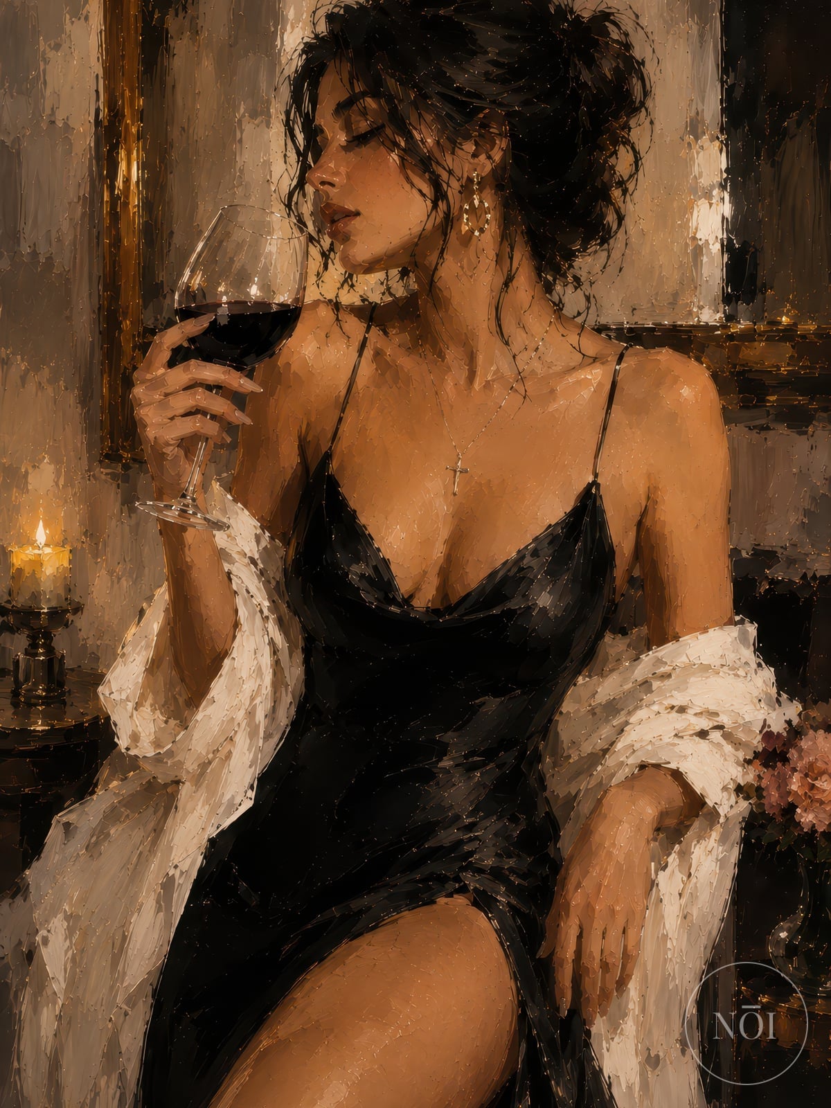 Woman in Black Dress Poster, Living Room Wall Art, Wine Lover Painting — Poster (ungerahmt)
