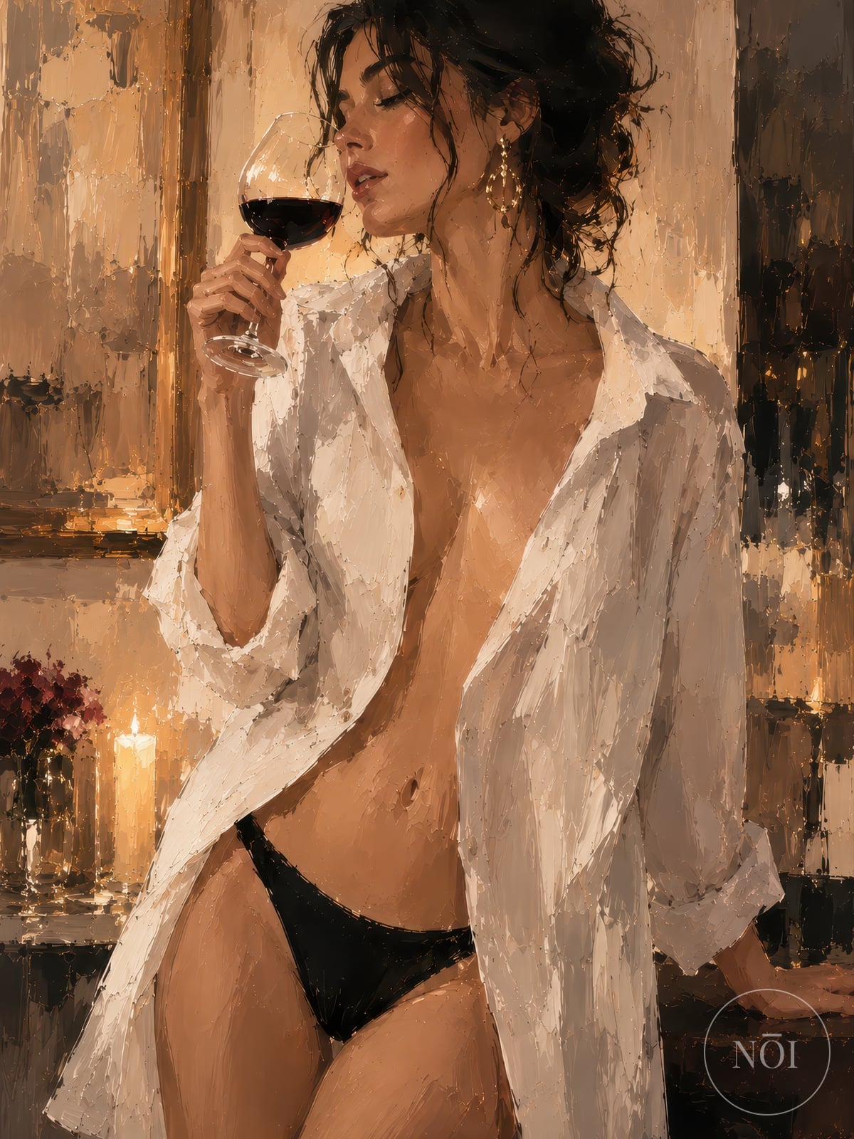 Woman Drinking Wine Poster, Sensual Living Room Wall Art, Candlelight Painting — Poster (ungerahmt)