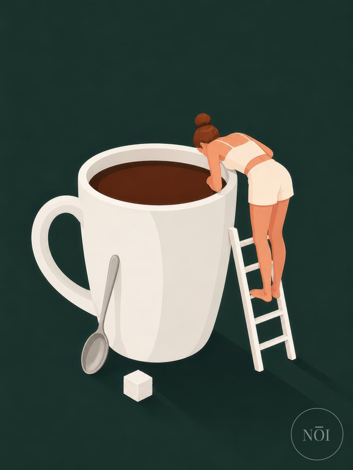 Coffee Wall Art Poster, Tiny Woman Climbing Giant Mug, Kitchen Wall Art — Poster (ungerahmt)