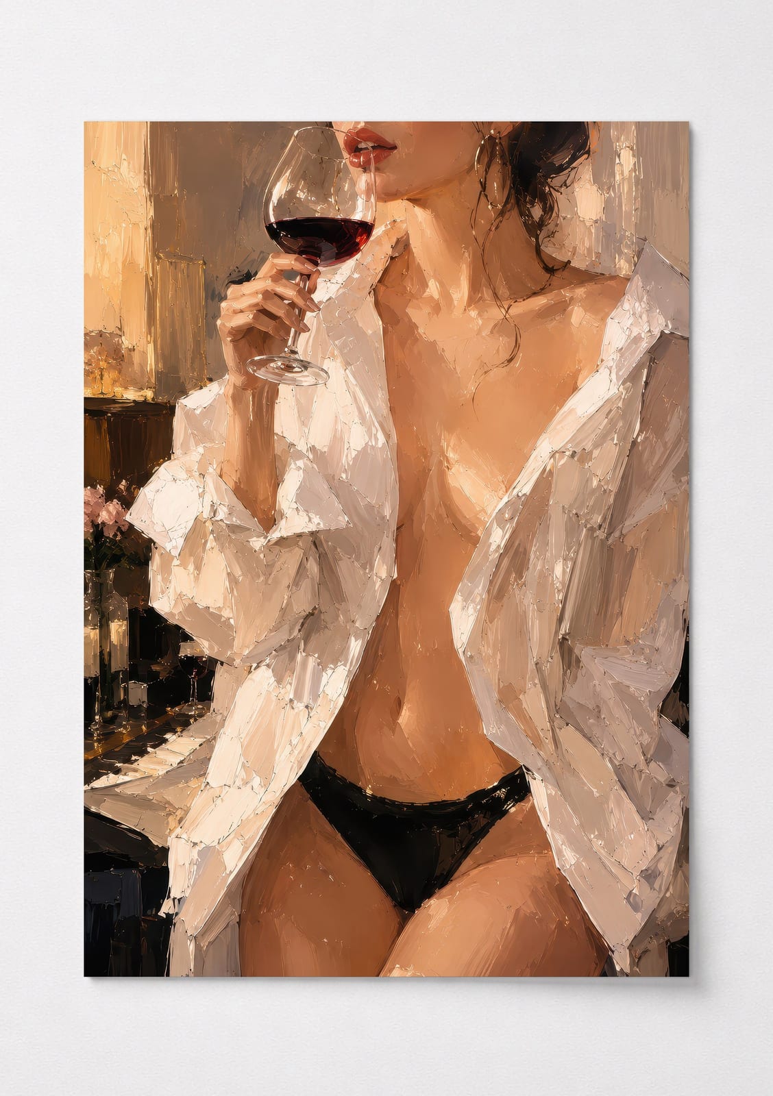 Woman Sipping Red Wine Poster, Living Room Wall Art, Moody Bar Decor