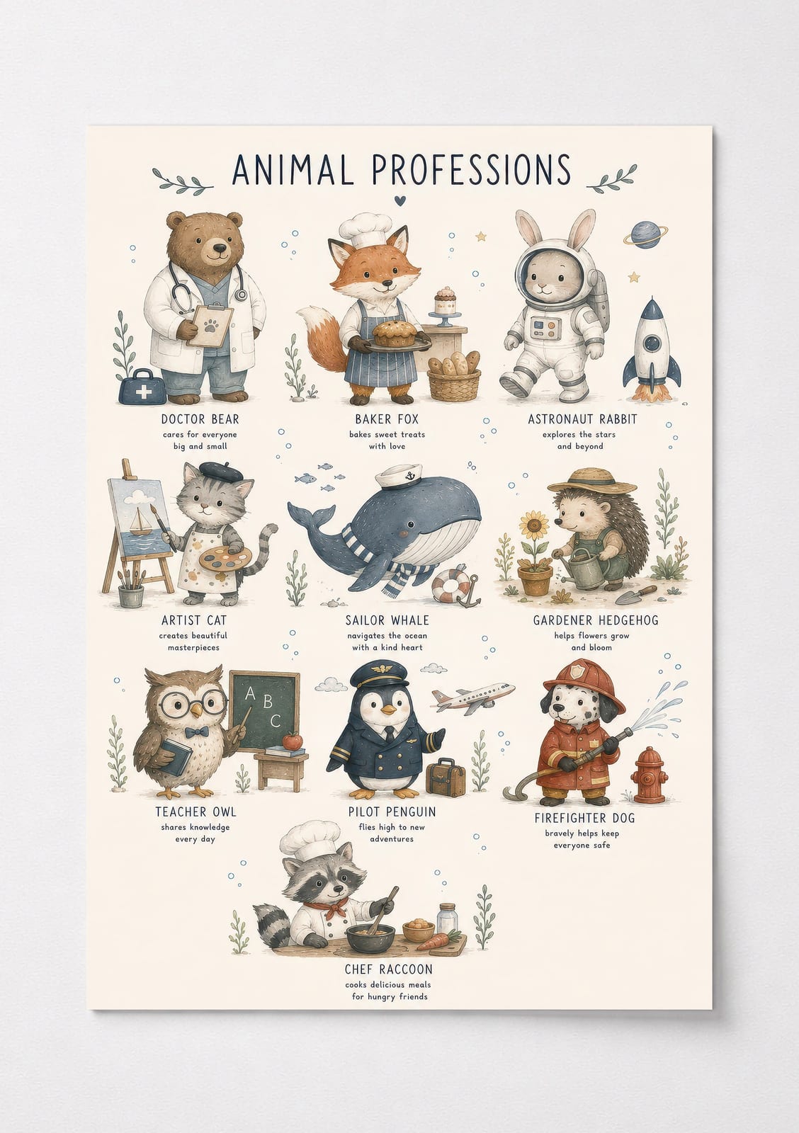 Animal Professions Poster, Nursery Wall Art, Kids Room Decor