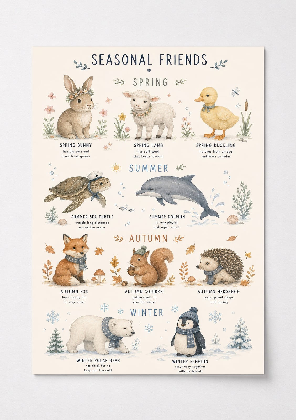 Four Seasons Animals Poster, Nursery Wall Art, Watercolor Room Decor