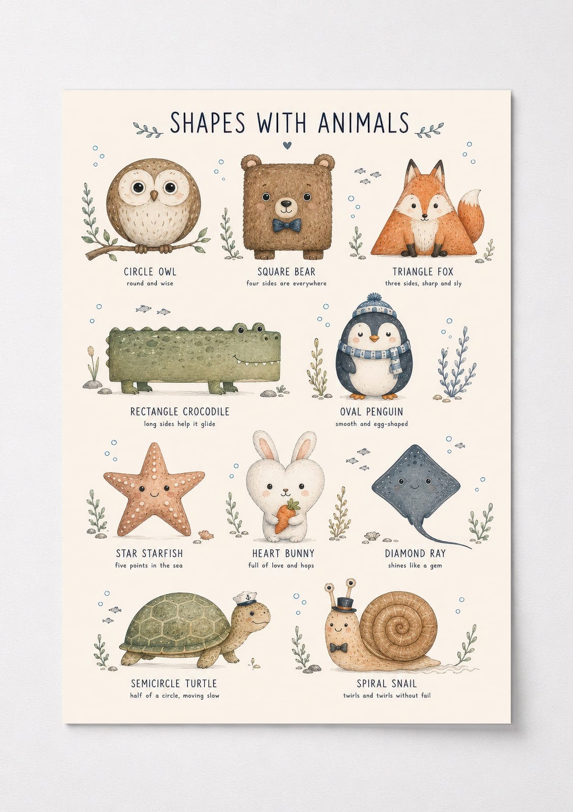 Shapes Animals Poster, Baby Boy Nursery Wall Art, Educational Kids Room Decor