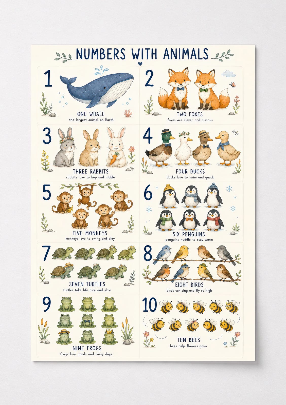 Counting Poster with Animals, Numbers 1-10 Nursery Wall Art, Kids Playroom Decor