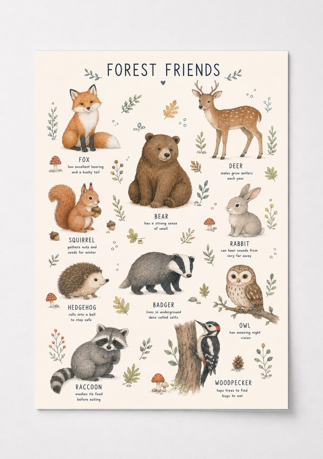Forest Friends Chart Poster, Woodland Nursery Art, Educational Kids Room Decor