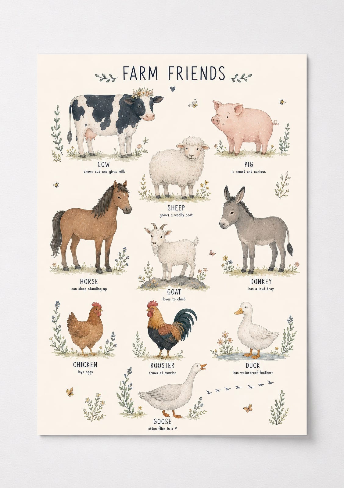 Farm Animal Chart Poster, Living Room Wall Art, Educational Nursery Decor