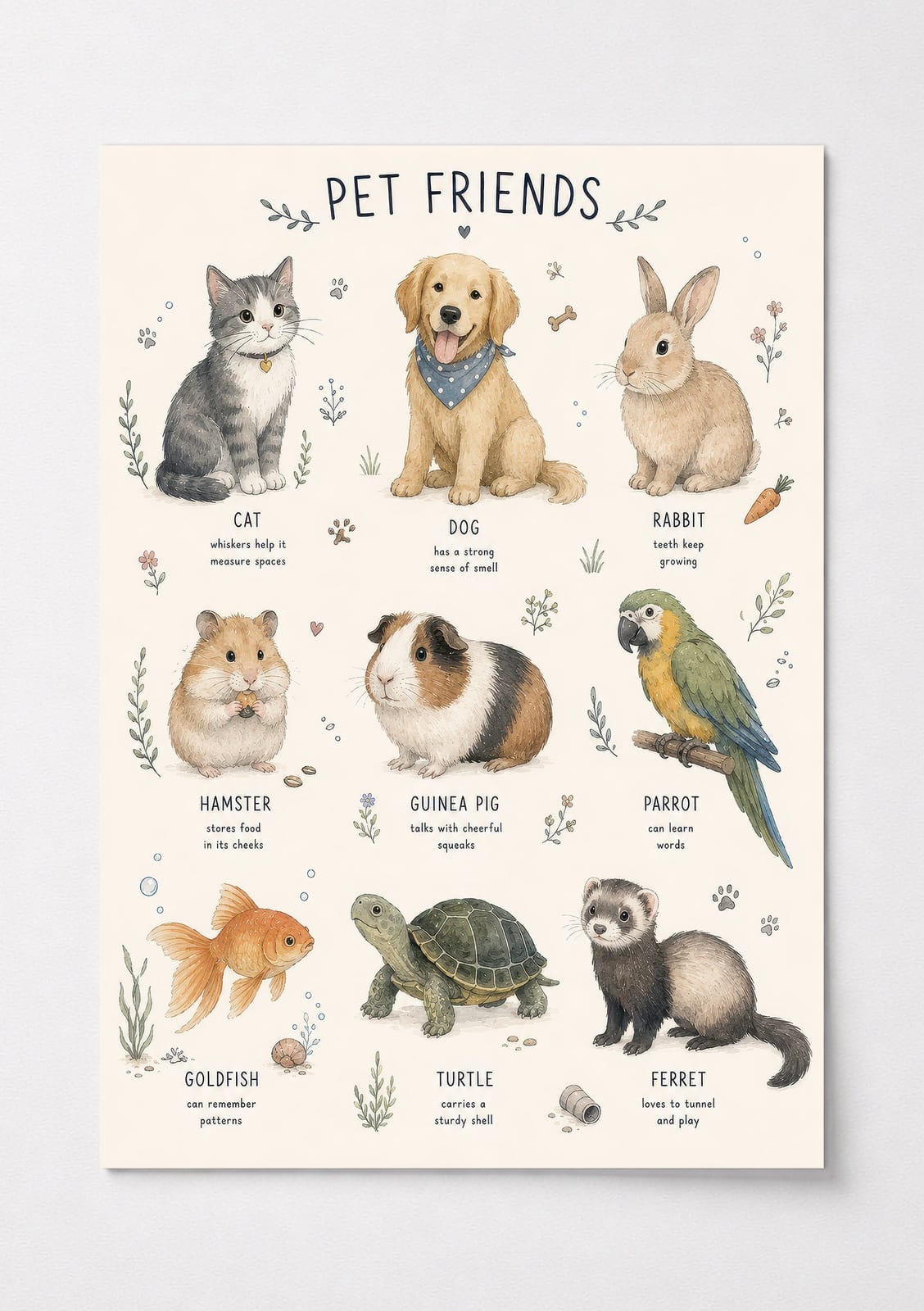 Pet Friends Chart Print, Living Room Wall Art, Cute Animal Nursery Poster