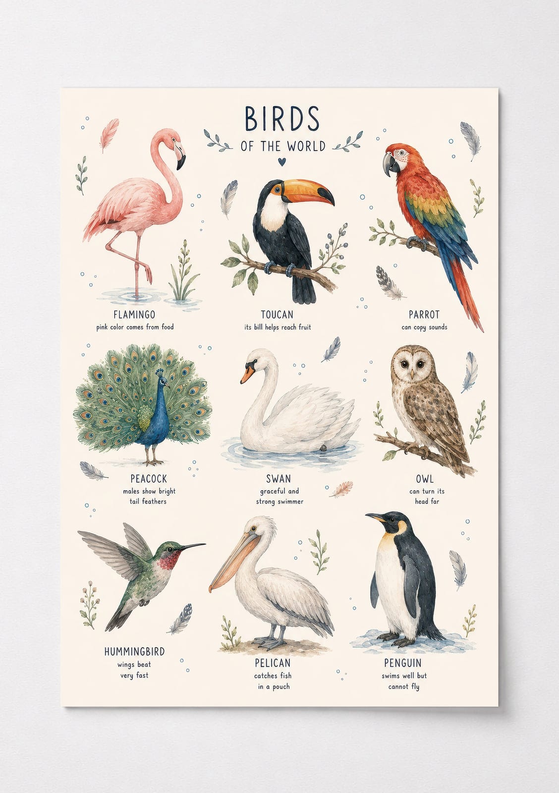 Birds of the World Poster, Watercolor Living Room Wall Art, Educational Nursery Chart