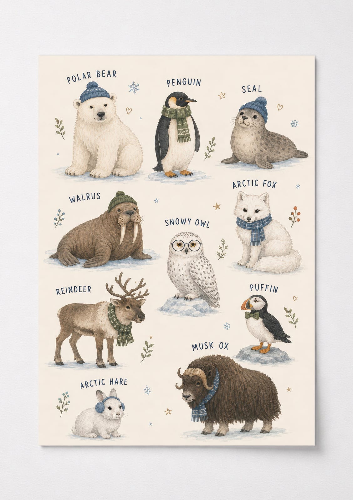 Arctic Animals Chart Poster, Cozy Watercolor Nursery Living Room Wall Art