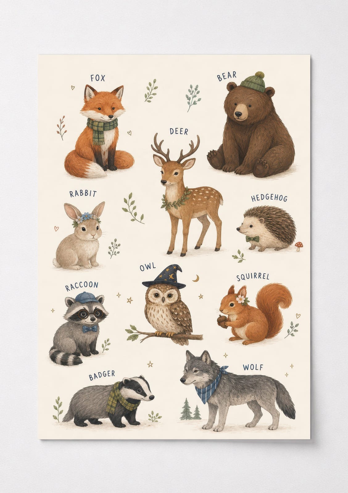 Woodland Nursery Art Chart, Labeled Animal Poster, Living Room Wall Art