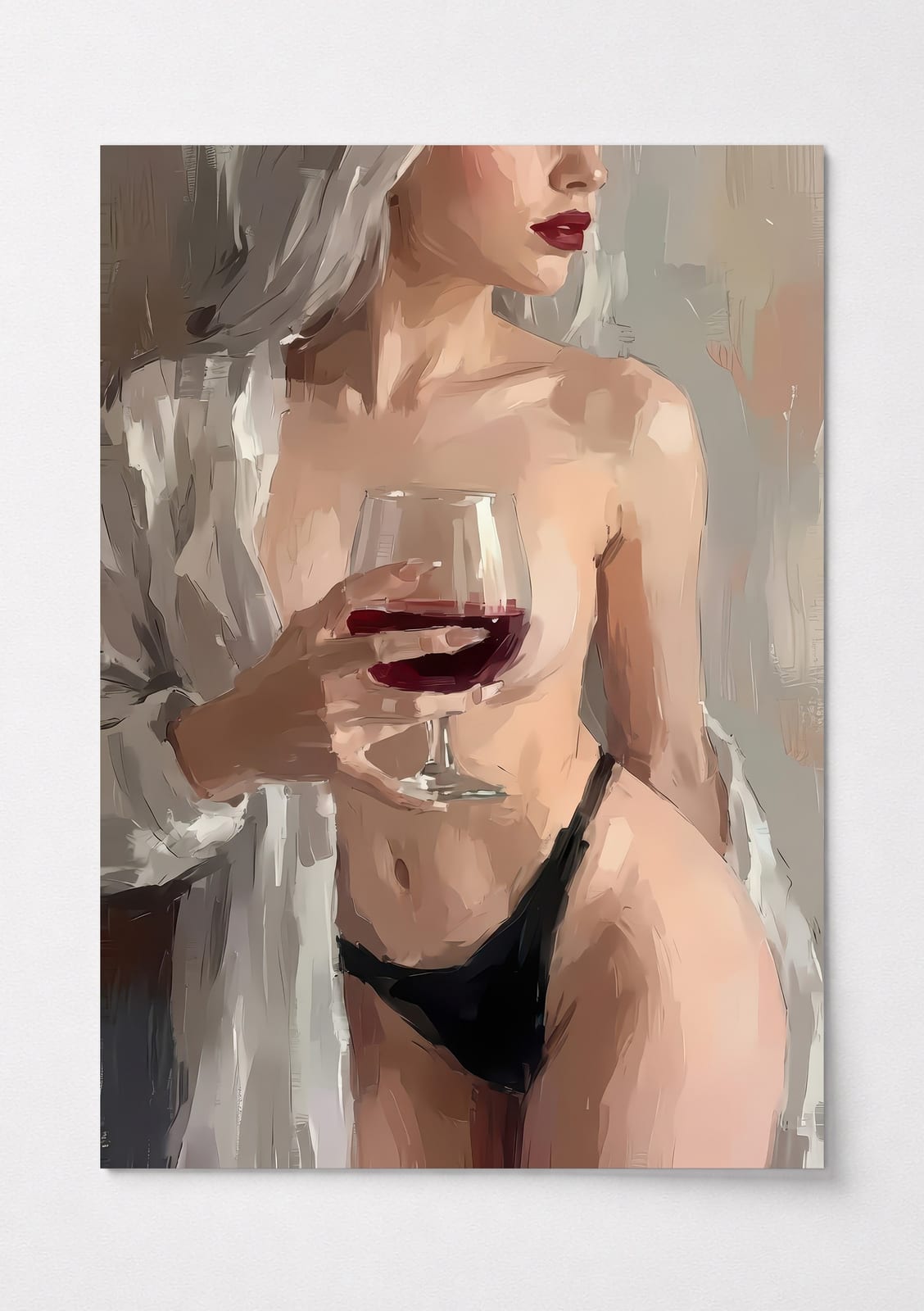 Woman with Wine Portrait Poster, Moody Living Room Wall Art, Modern Bar Decor