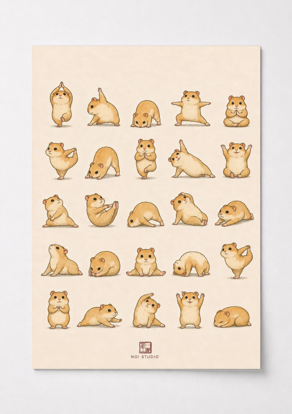 Yoga Hamsters Poster, Cute Cartoon Animal Living Room Wall Art