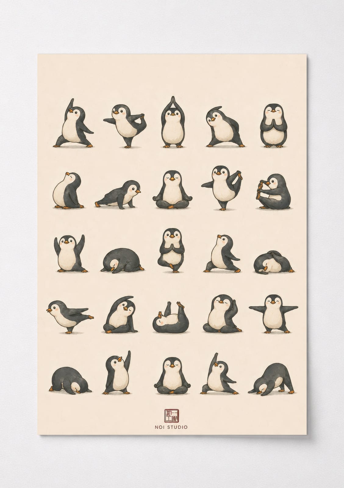 Yoga Penguins Grid Poster, Japanese Wall Art, Living Room Decor