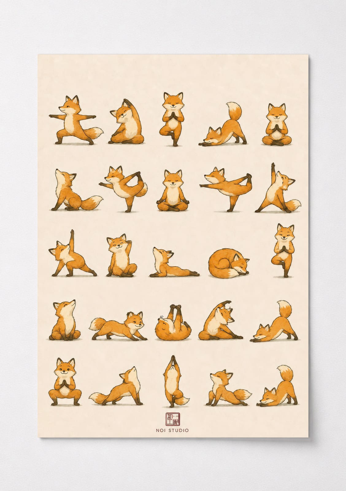 Yoga Fox Grid Print, Living Room Wall Art, Cute Cartoon Animal Poster