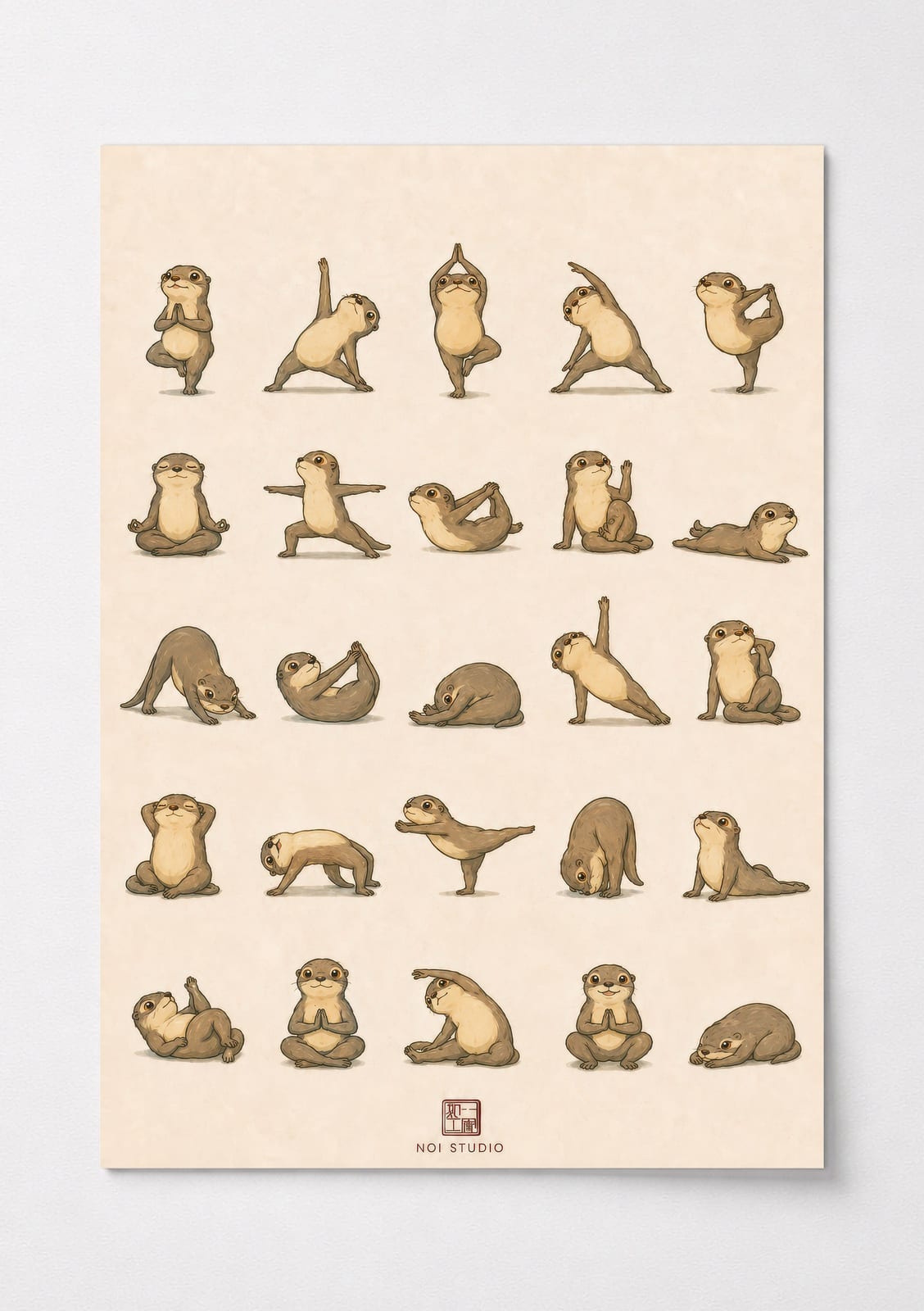 Yoga Otters Poster, Cute Cartoon Animal Living Room Wall Art