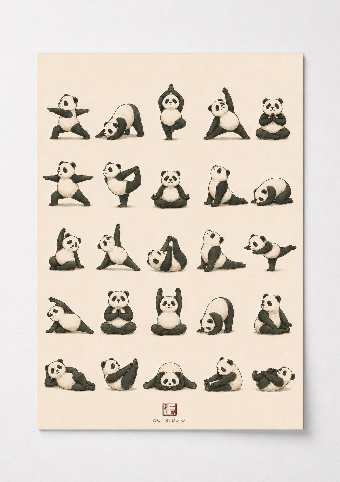 Yoga Panda Grid Poster, Minimalist Wall Art, Living Room Decor