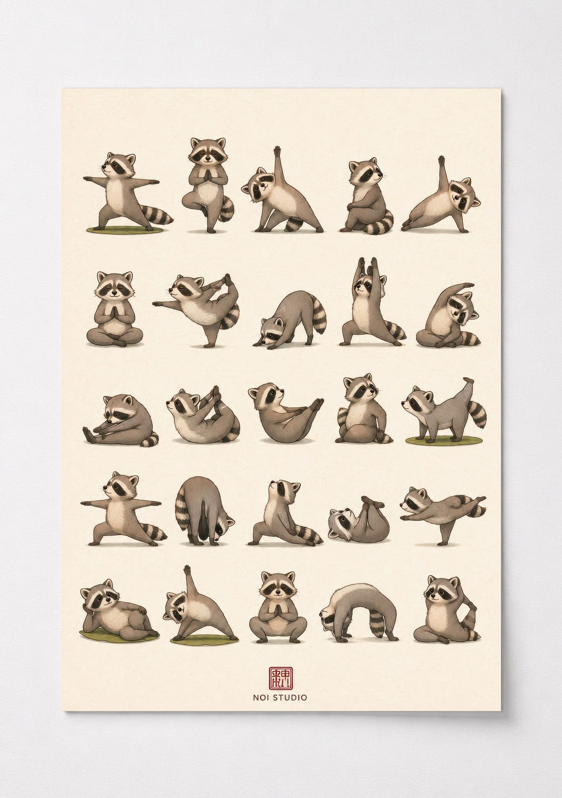 Yoga Raccoons Print, Living Room Wall Art, Funny Animal Poster