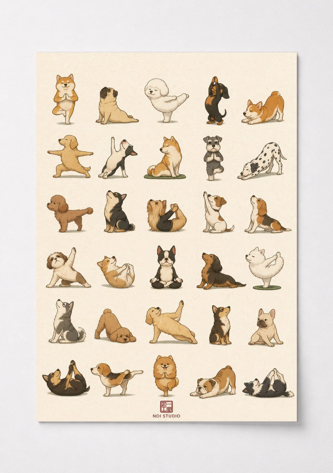 Yoga Dogs Poster, Funny Bathroom Art, 30 Dog Breeds Living Room Decor