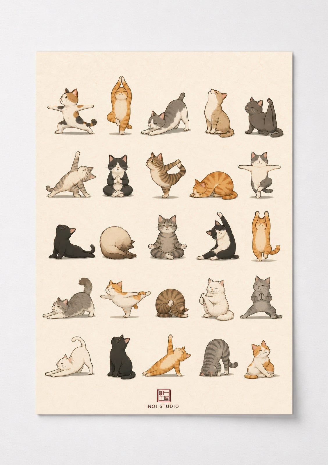 Yoga Cats Poster, Colorful Cat Grid Living Room Wall Art