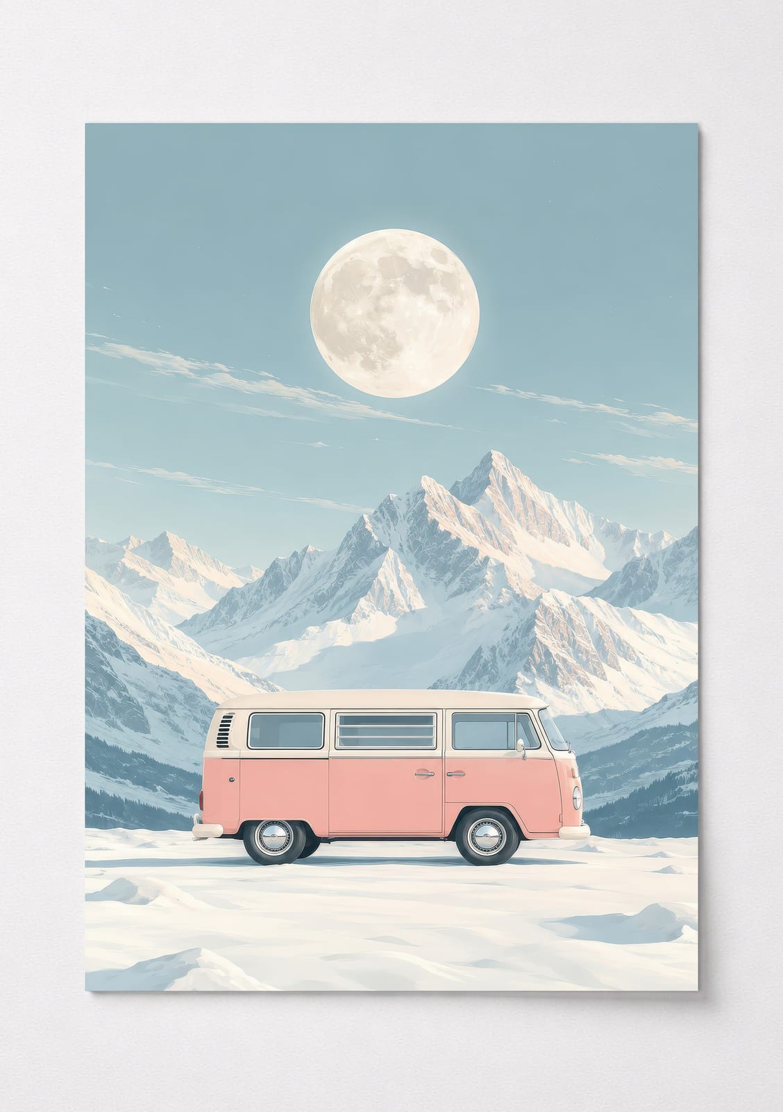 Pink VW Van Mountain Poster, Minimalist Wall Art Living Room, Retro Camper Decor