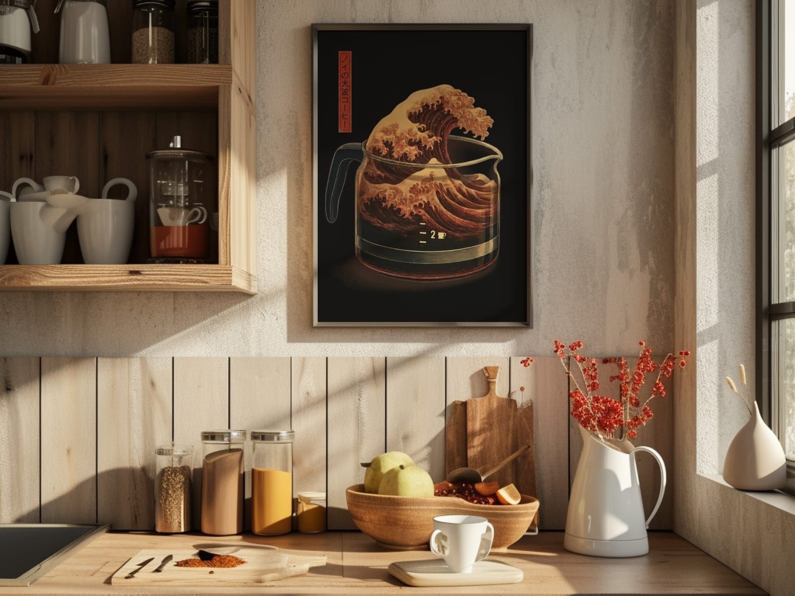 Japanese Wave Coffee Pot Poster - Wabi Sabi Kitchen Wall Art