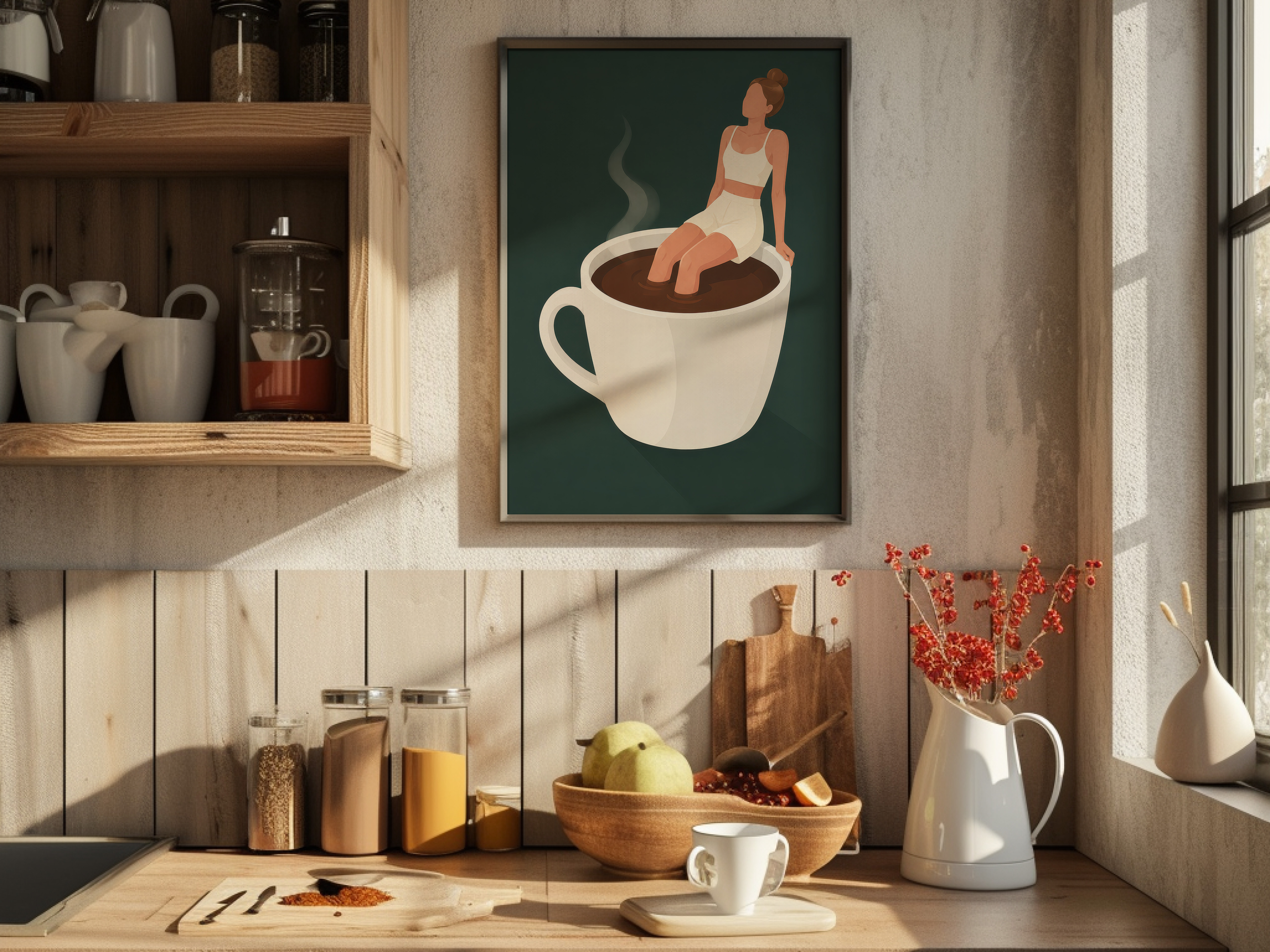 Woman on Coffee Cup Poster, Coffee Wall Art for Kitchen Decor