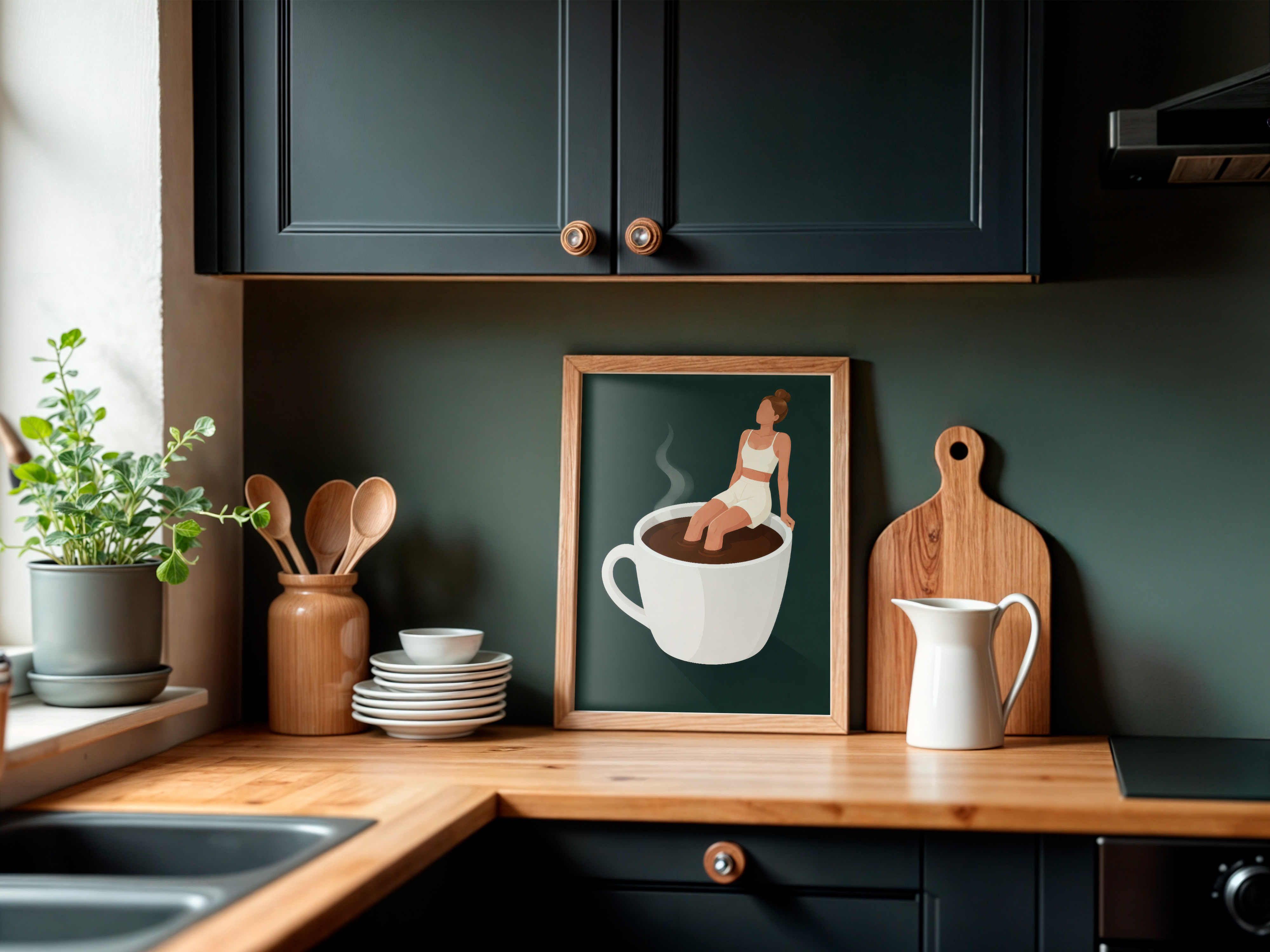 Woman on Coffee Cup Poster, Coffee Wall Art for Kitchen Decor