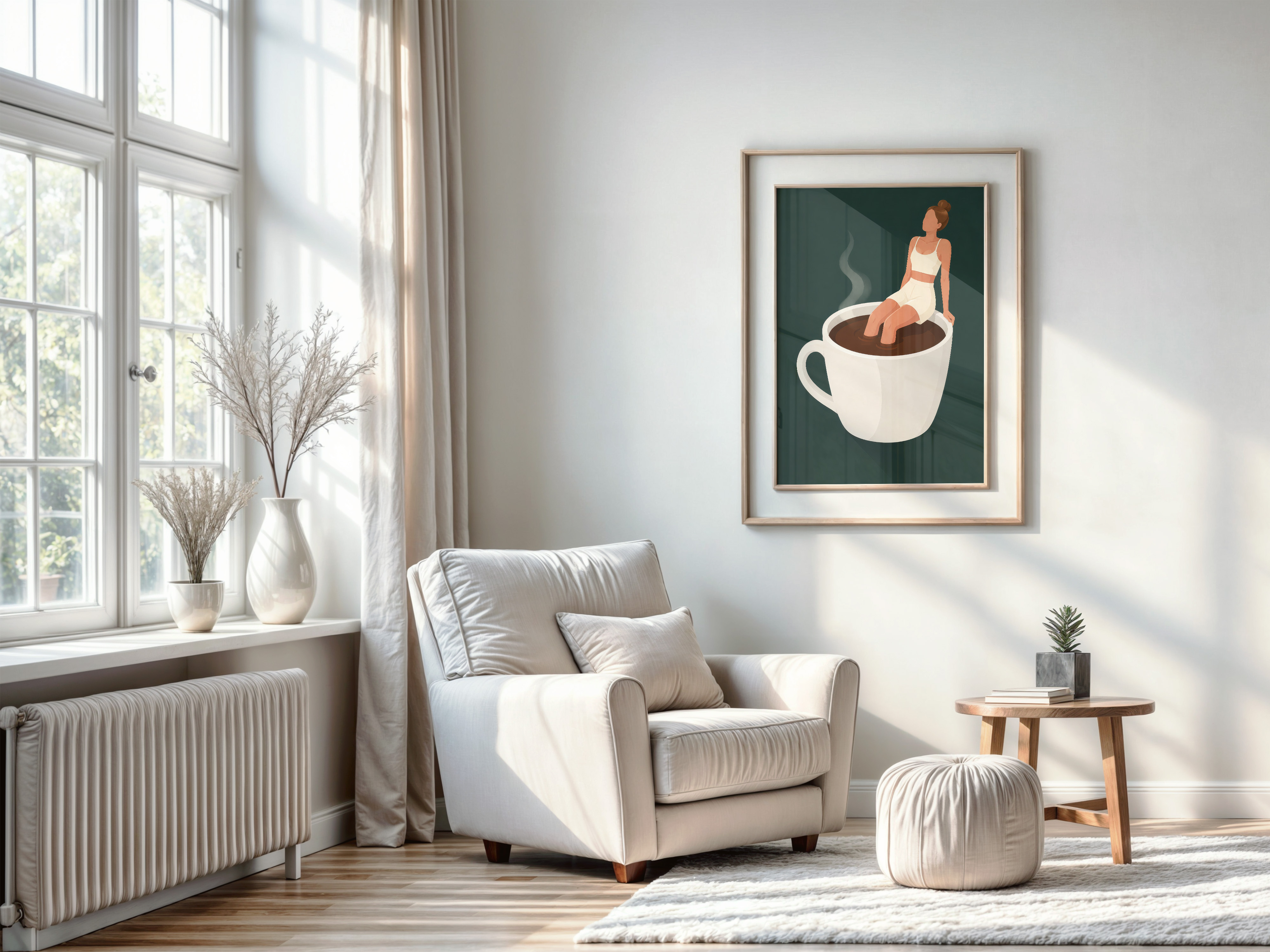 Woman on Coffee Cup Poster, Coffee Wall Art for Kitchen Decor