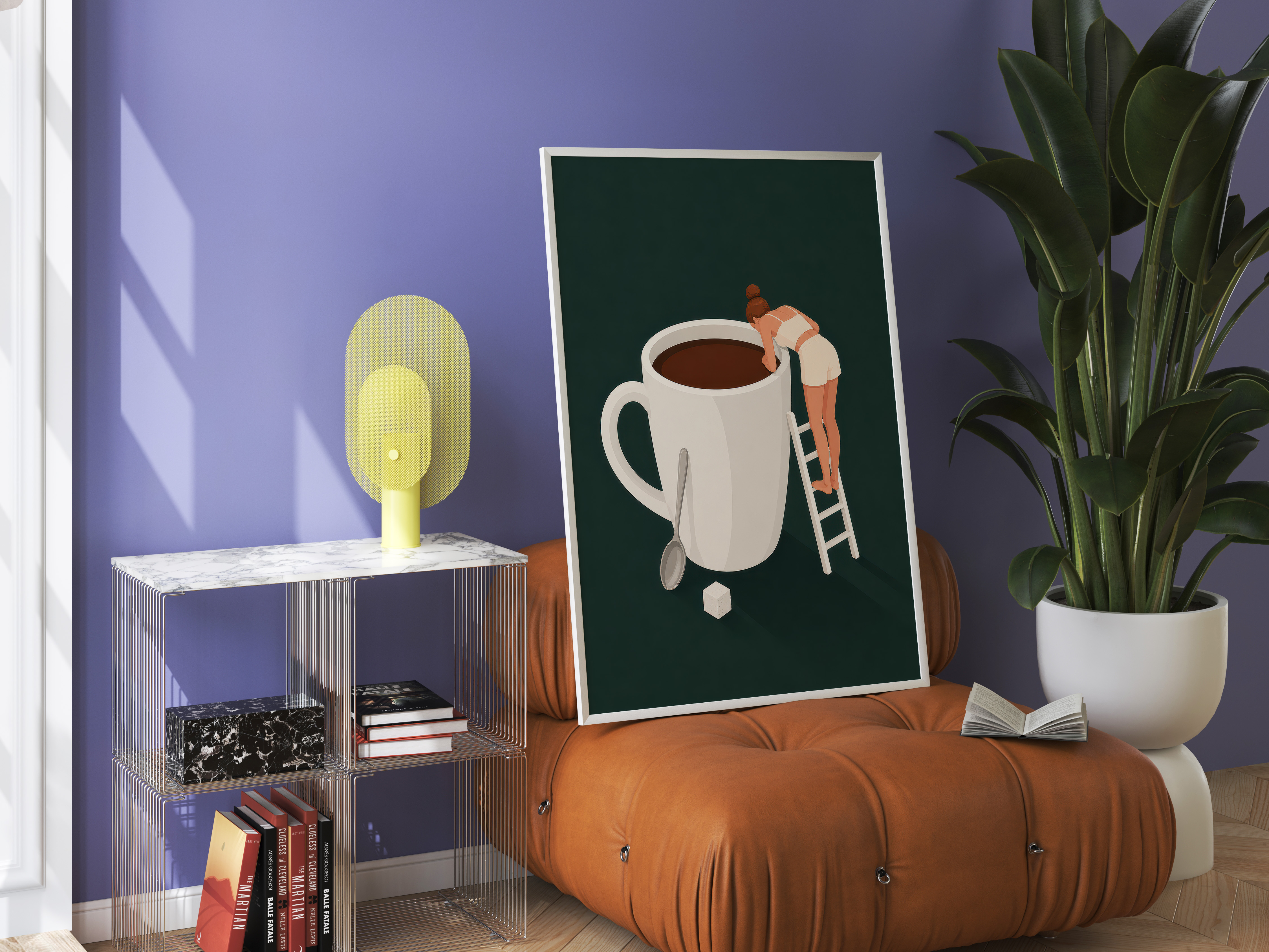 Tiny Woman Climbing Coffee Mug Poster, Coffee Wall Art, Kitchen Wall Art