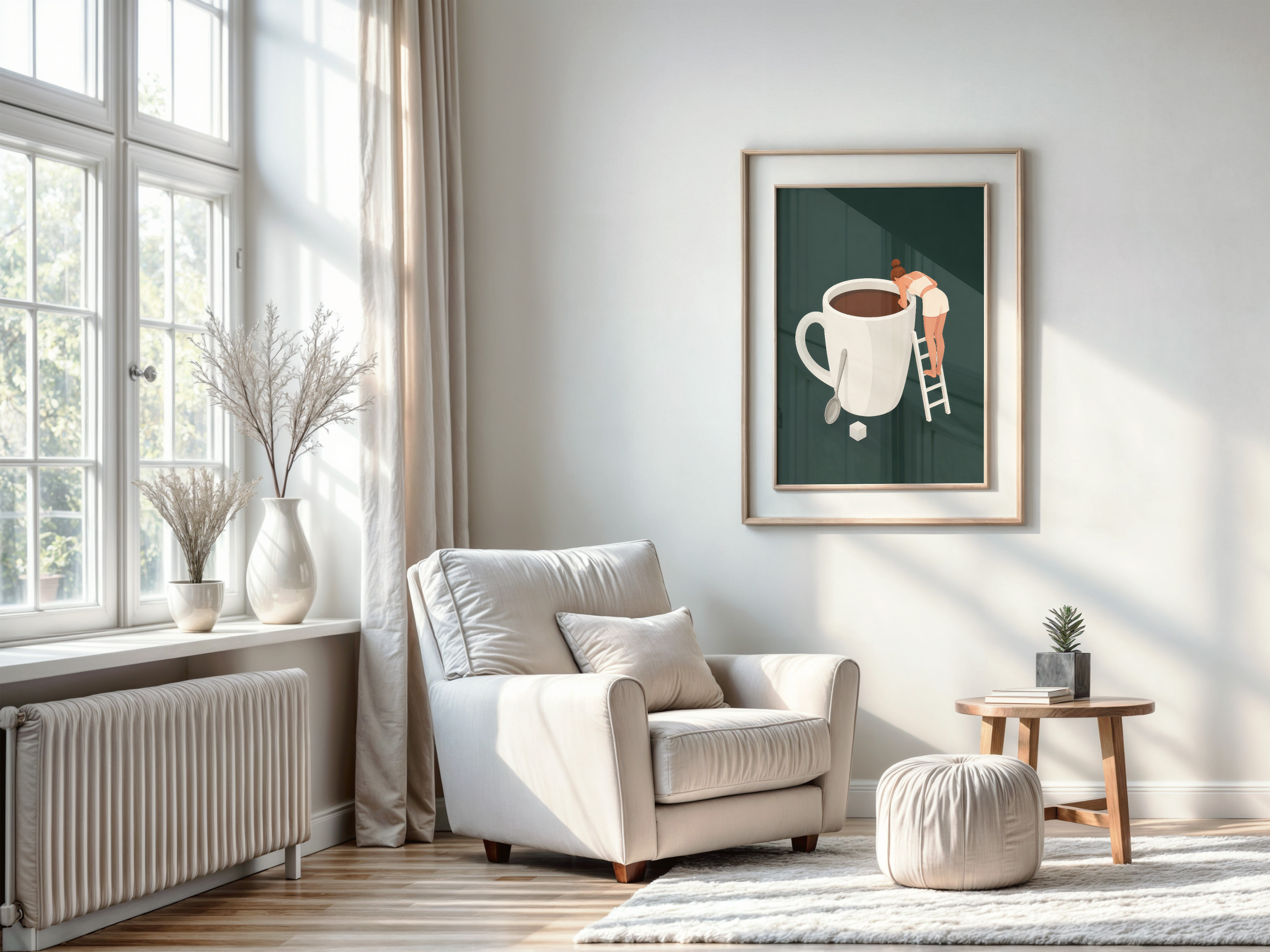 Tiny Woman Climbing Coffee Mug Poster, Coffee Wall Art, Kitchen Wall Art
