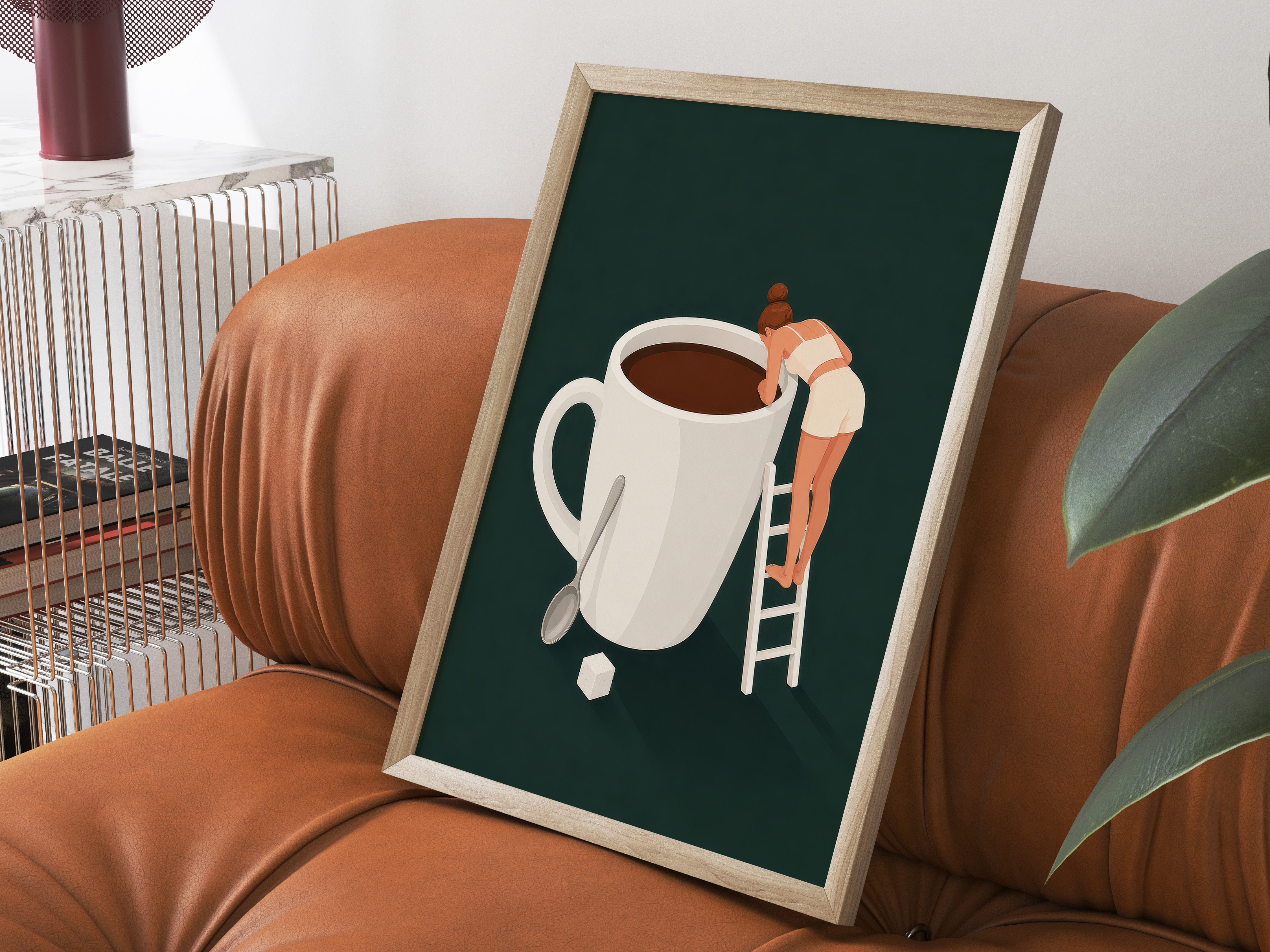 Tiny Woman Climbing Coffee Mug Poster, Coffee Wall Art, Kitchen Wall Art