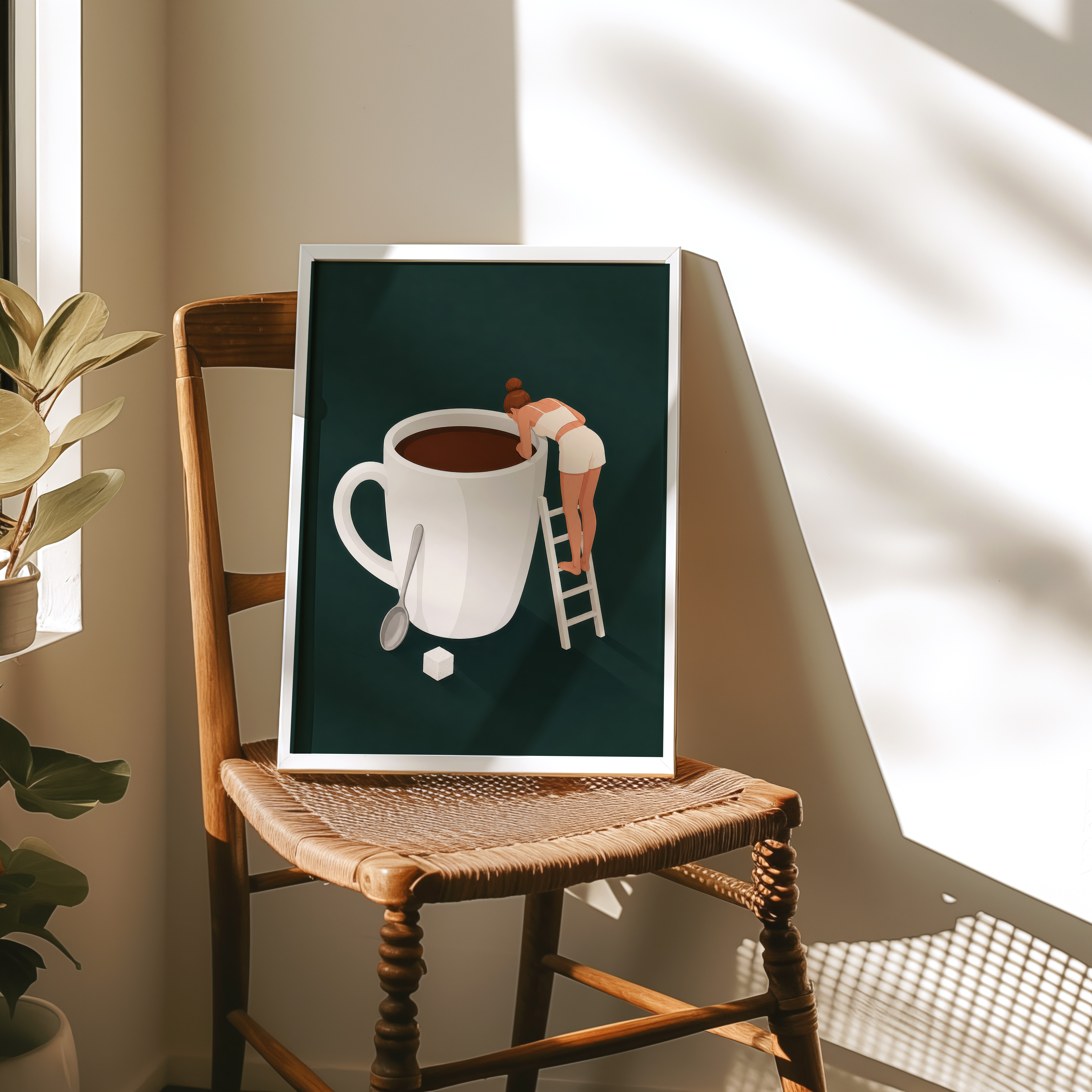 Tiny Woman Climbing Coffee Mug Poster, Coffee Wall Art, Kitchen Wall Art