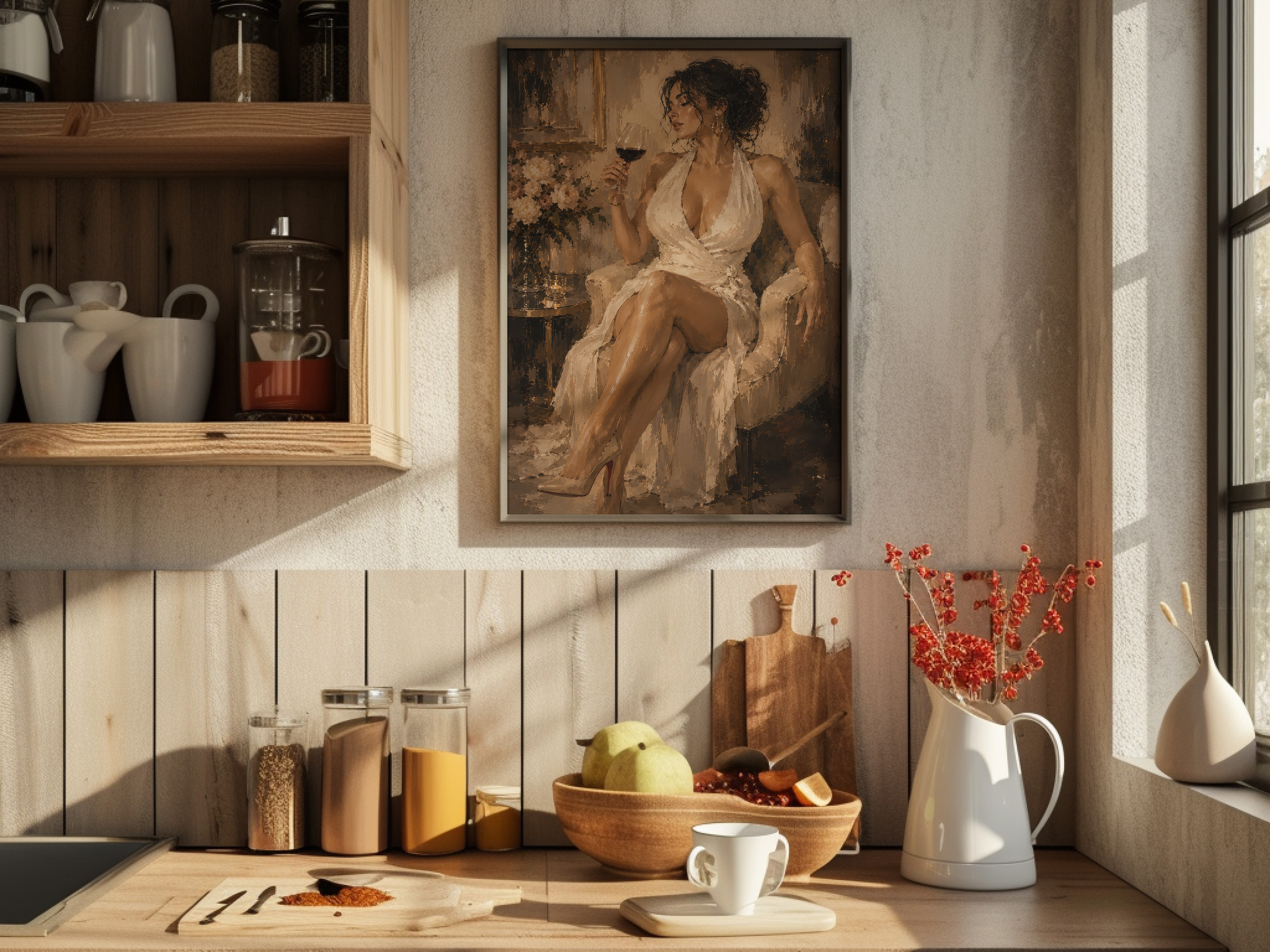 Coffee Wall Art Poster, Tiny Woman Climbing Giant Mug, Whimsical Kitchen Wall Art
