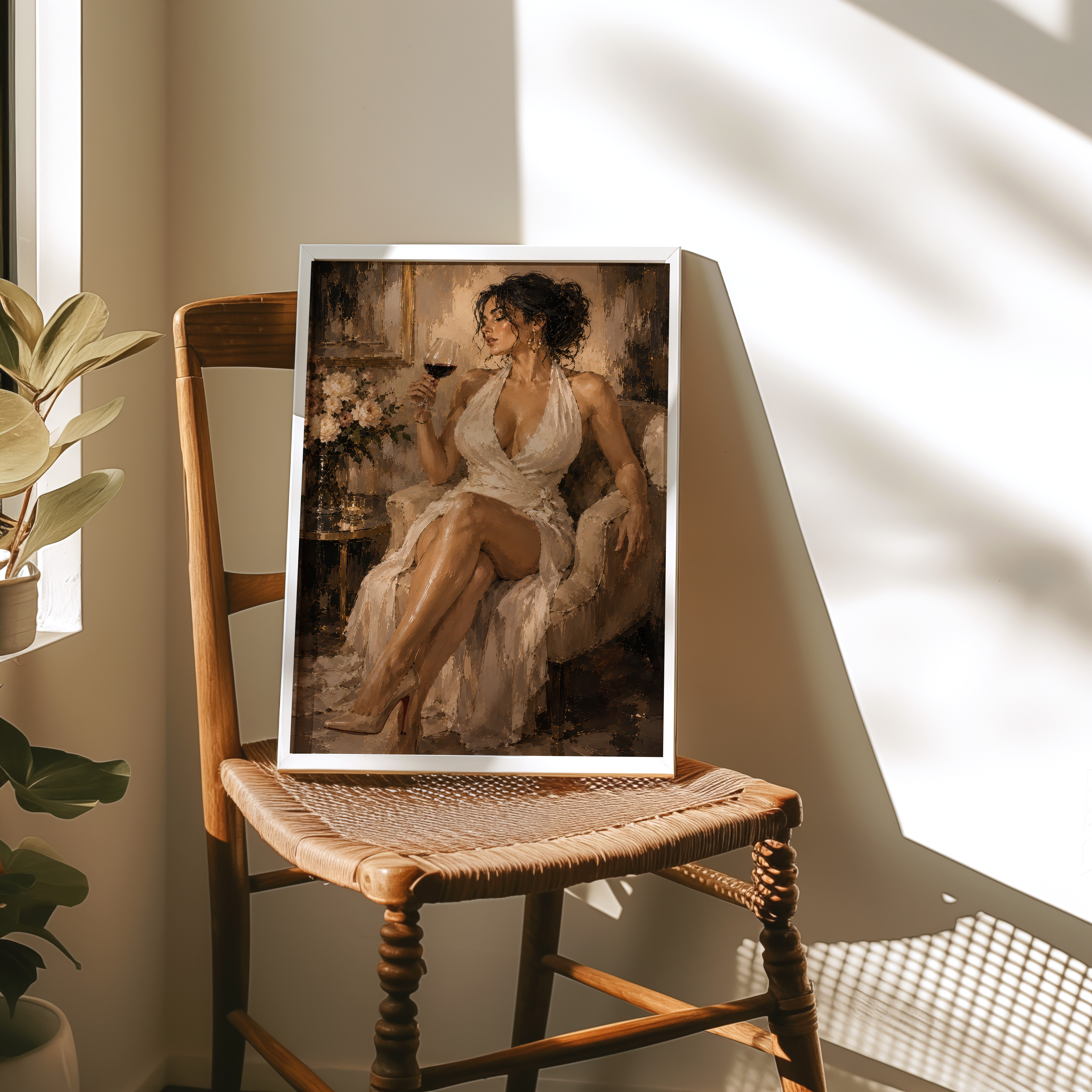 Coffee Wall Art Poster, Tiny Woman Climbing Giant Mug, Whimsical Kitchen Wall Art