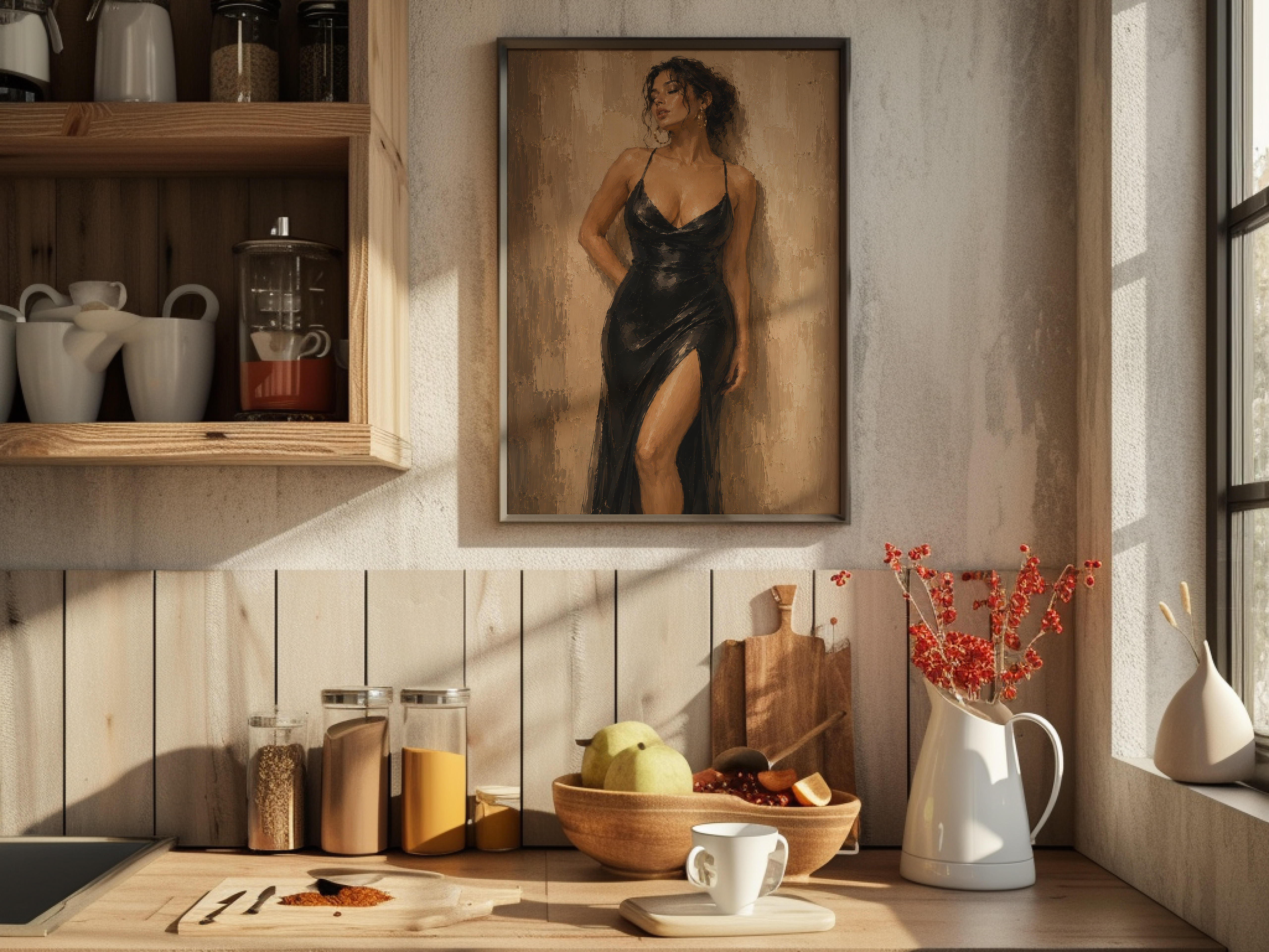 Elegant Woman Poster, Living Room Wall Art, Black Slip Dress Fine Art