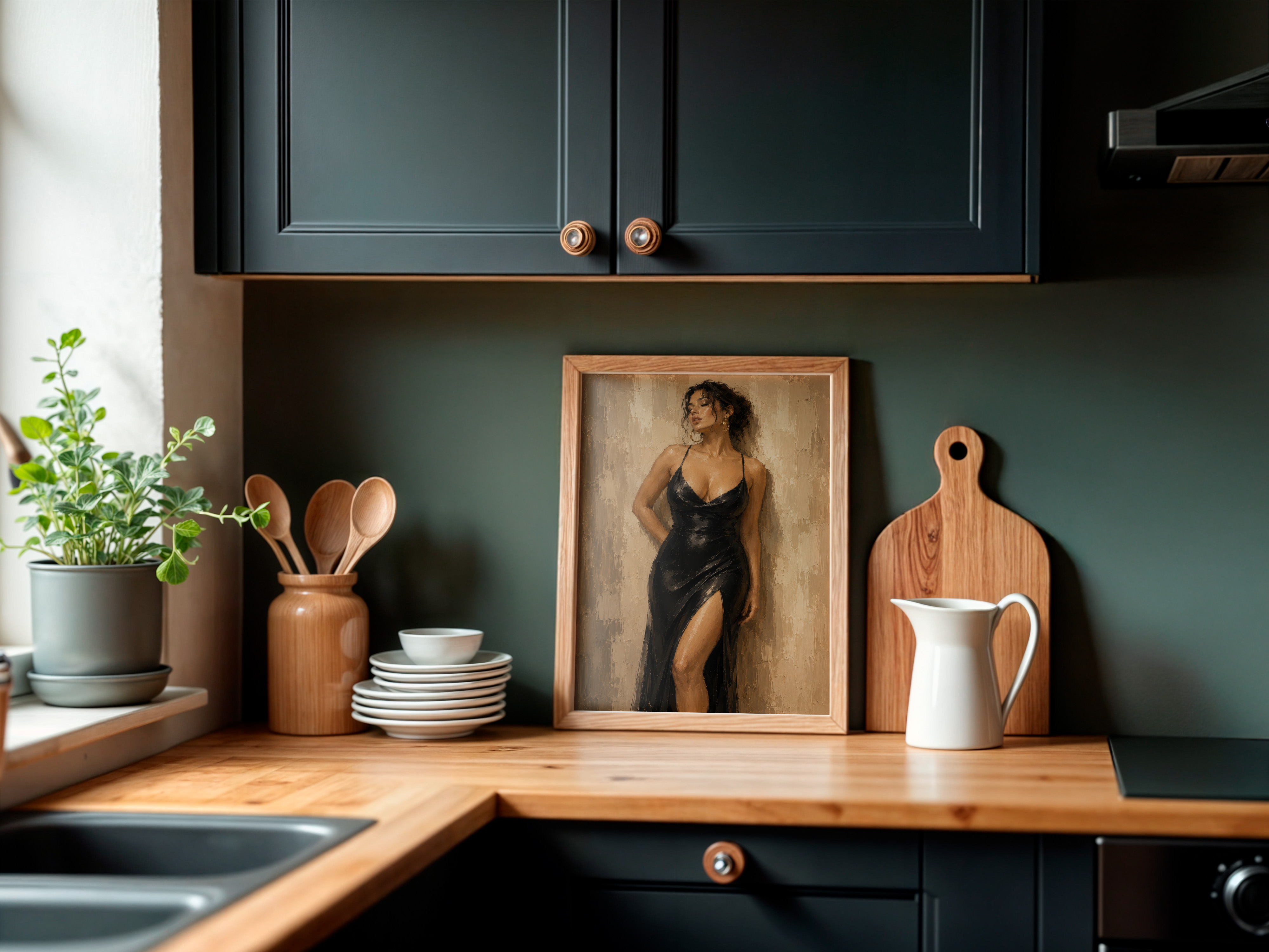 Elegant Woman Poster, Living Room Wall Art, Black Slip Dress Fine Art