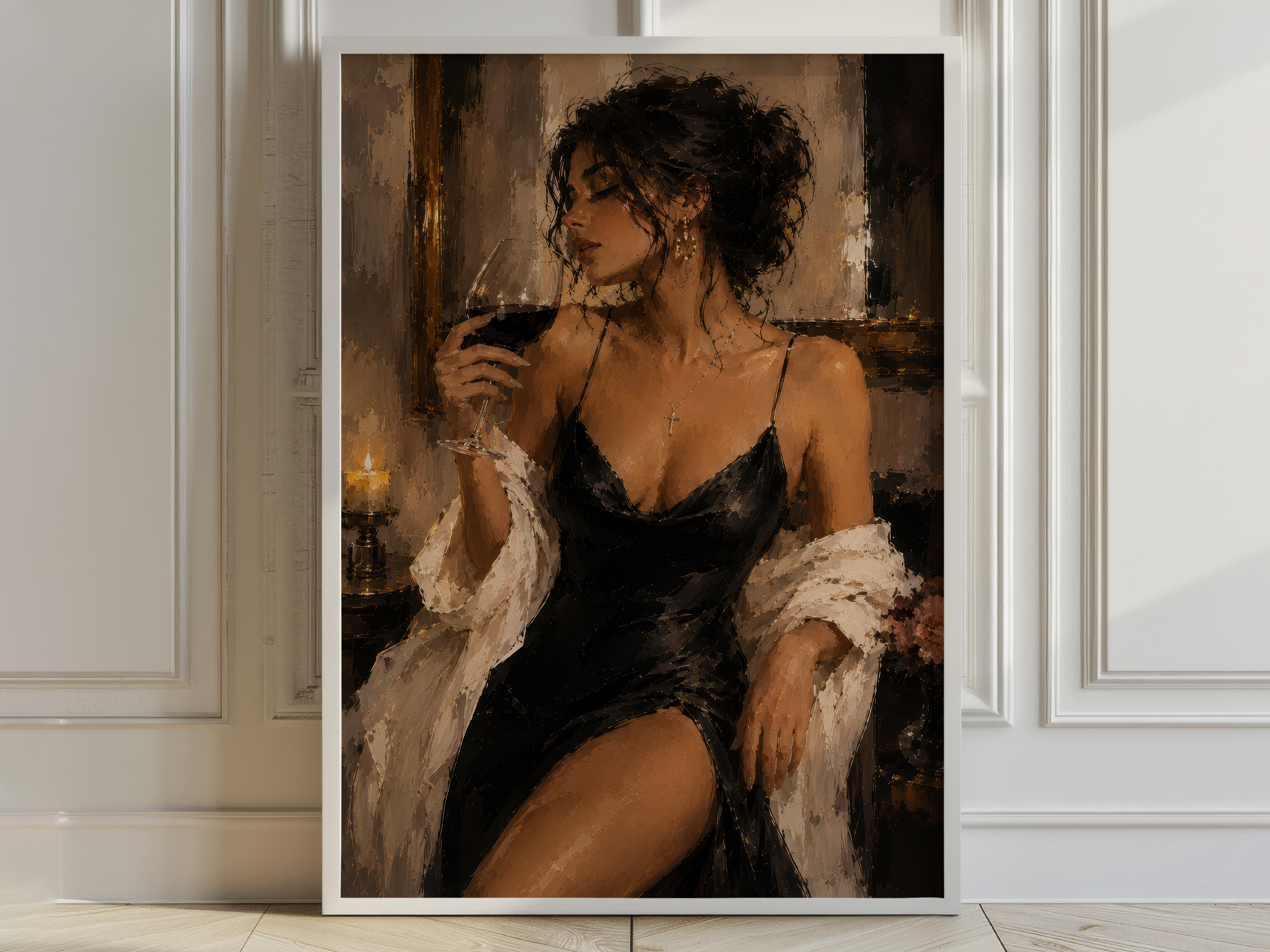 Woman in Black Dress Poster, Living Room Wall Art, Wine Lover Painting