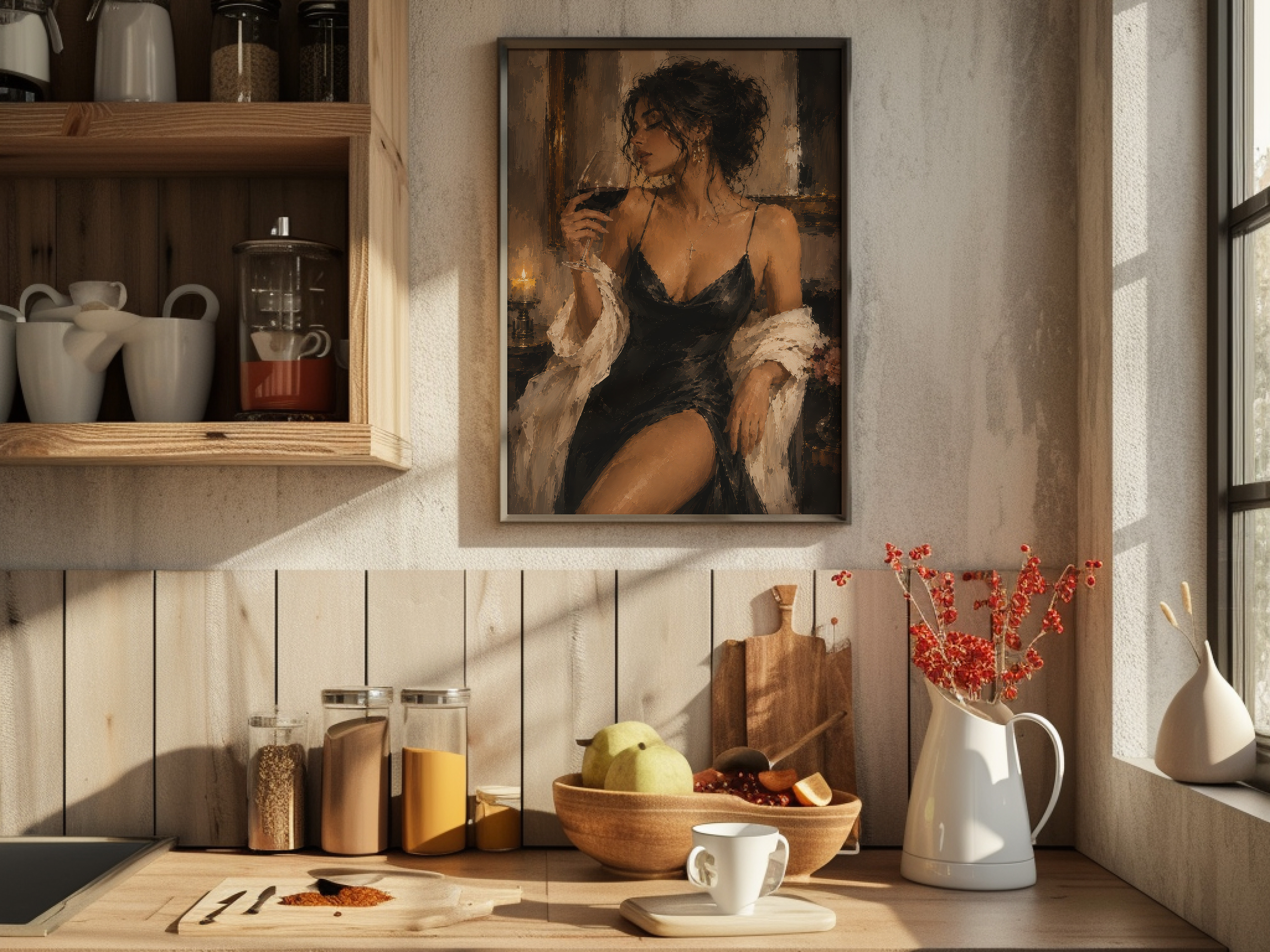 Woman in Black Dress Poster, Living Room Wall Art, Wine Lover Painting