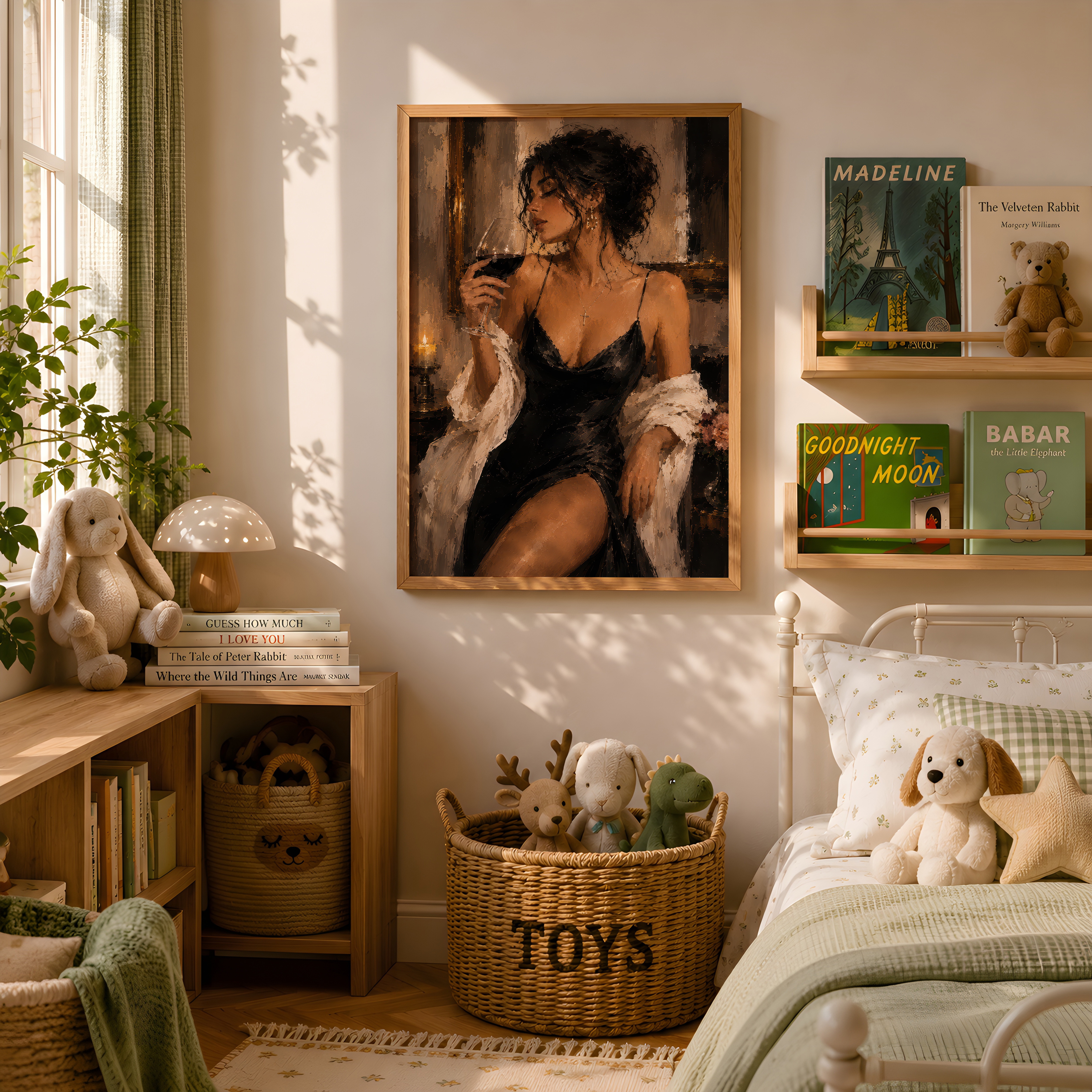 Woman in Black Dress Poster, Living Room Wall Art, Wine Lover Painting