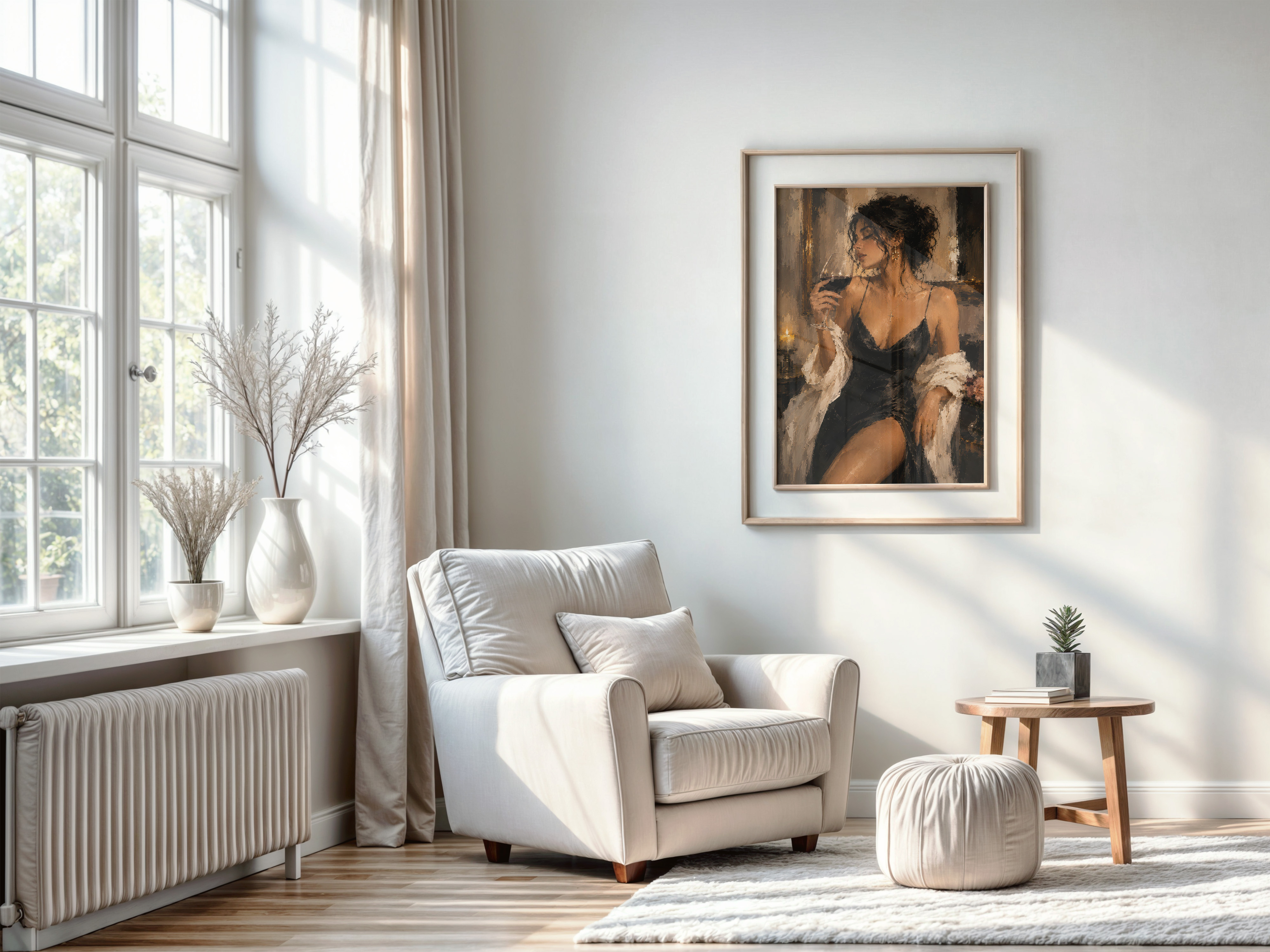 Woman in Black Dress Poster, Living Room Wall Art, Wine Lover Painting