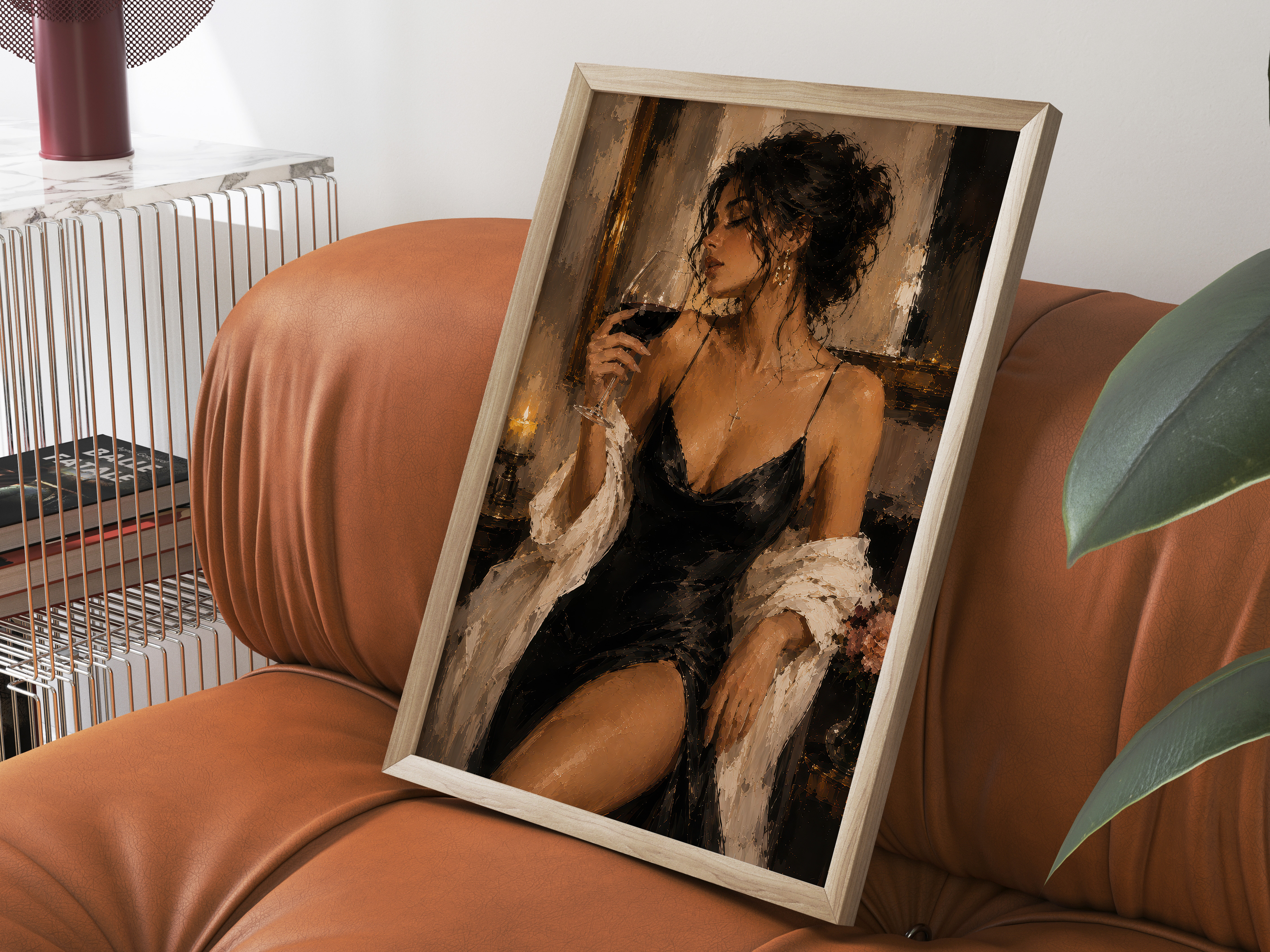 Woman in Black Dress Poster, Living Room Wall Art, Wine Lover Painting